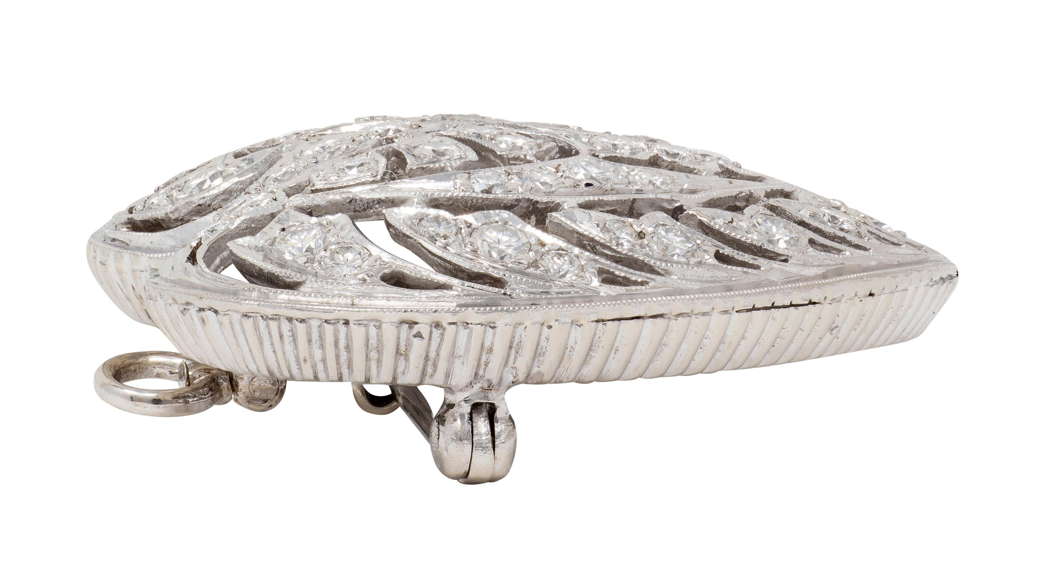 Mid-Century 1.85 CTW Diamond 14 Karat White Gold Vintage Heart Pendant Brooch