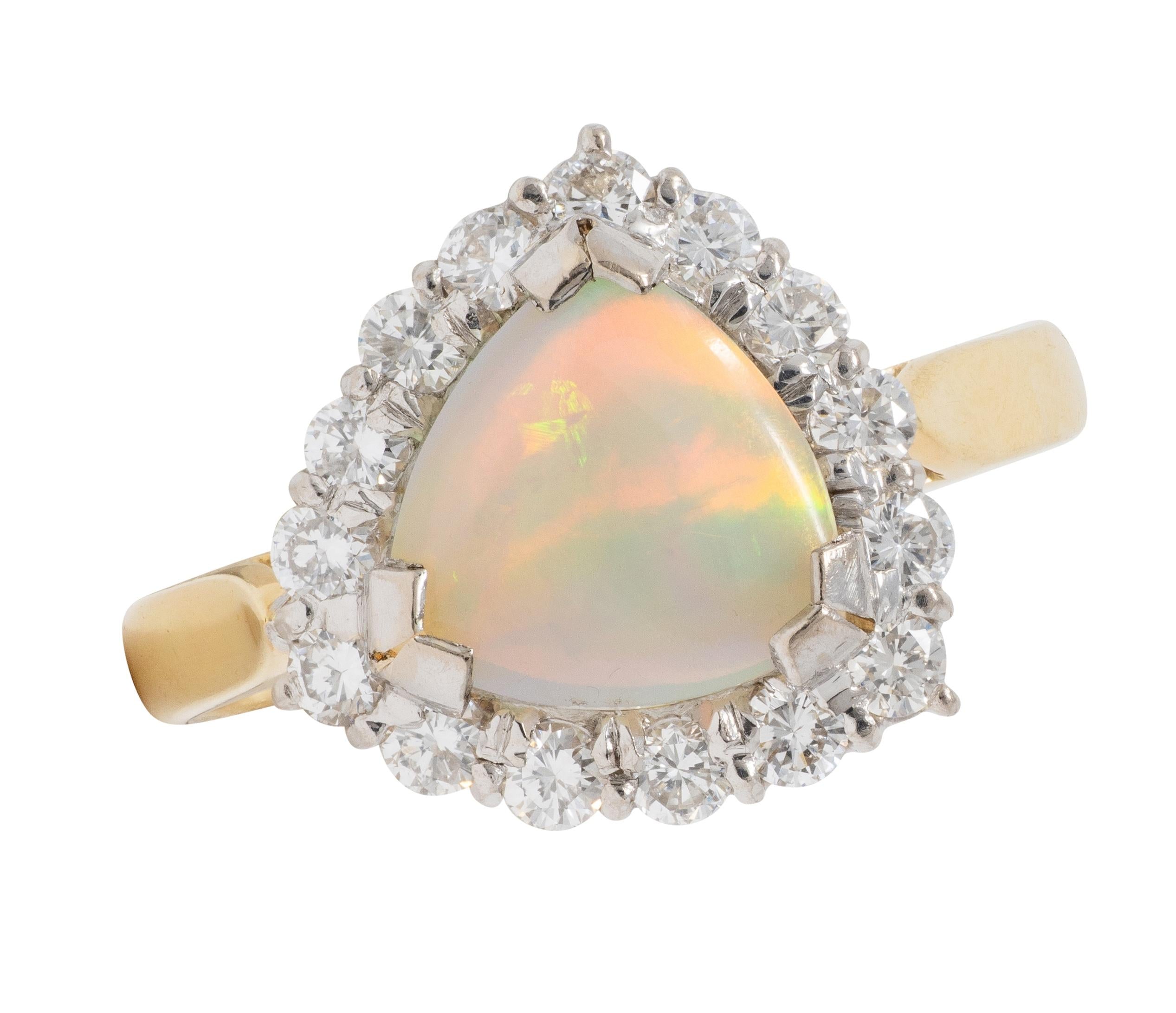 1980's Opal Diamond 18 Karat Yellow White Gold Triangular Vintage Halo Ring