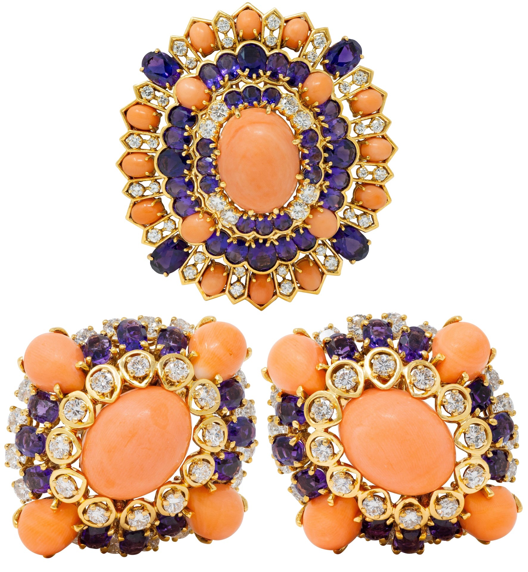 Van Cleef & Arpels French Coral Diamond Amethyst 18 Karat Yellow Gold Vintage Earrings & Brooch Set