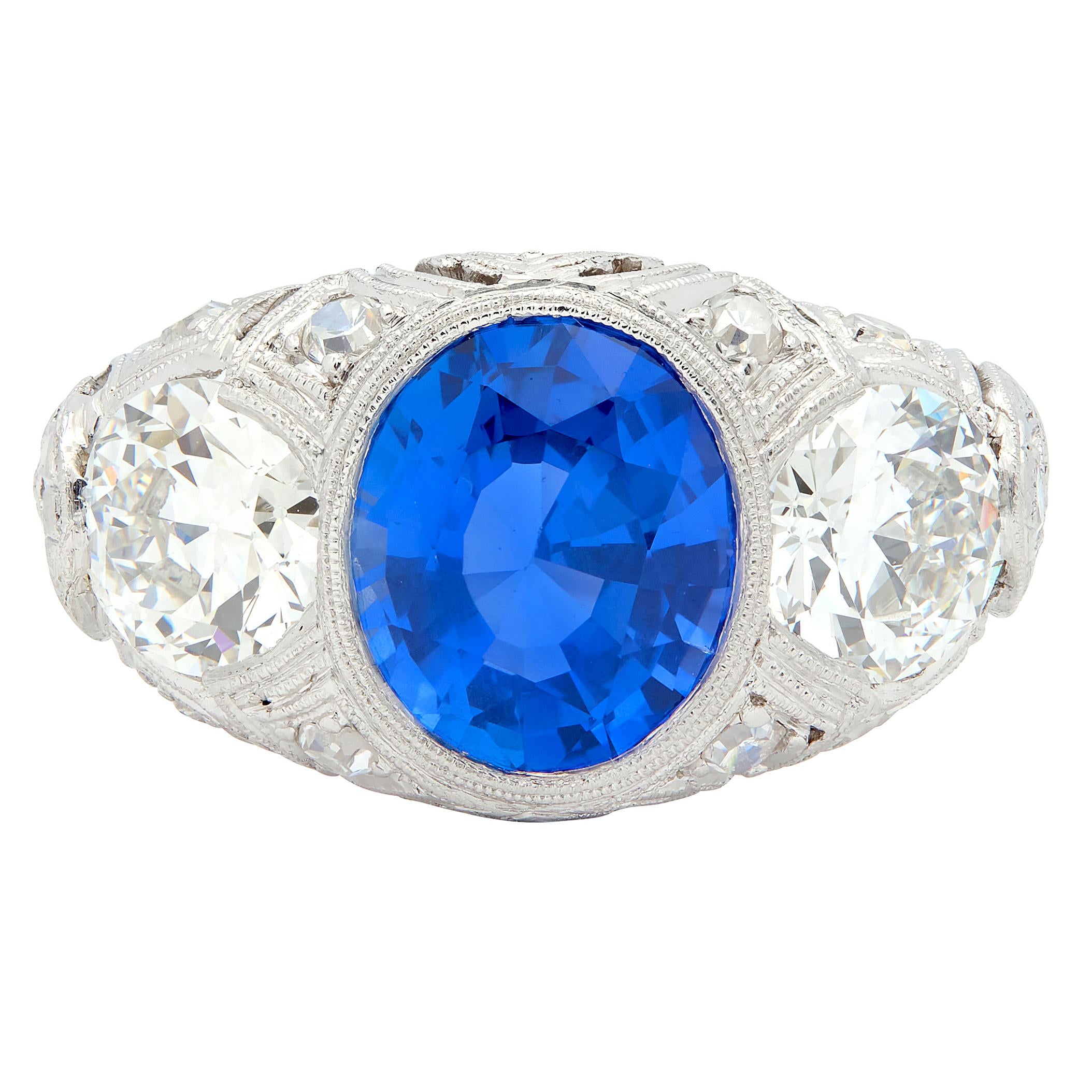 Art Deco 4.90 CTW No Heat Ceylon Sapphire Diamond Platinum Antique Ring AGL