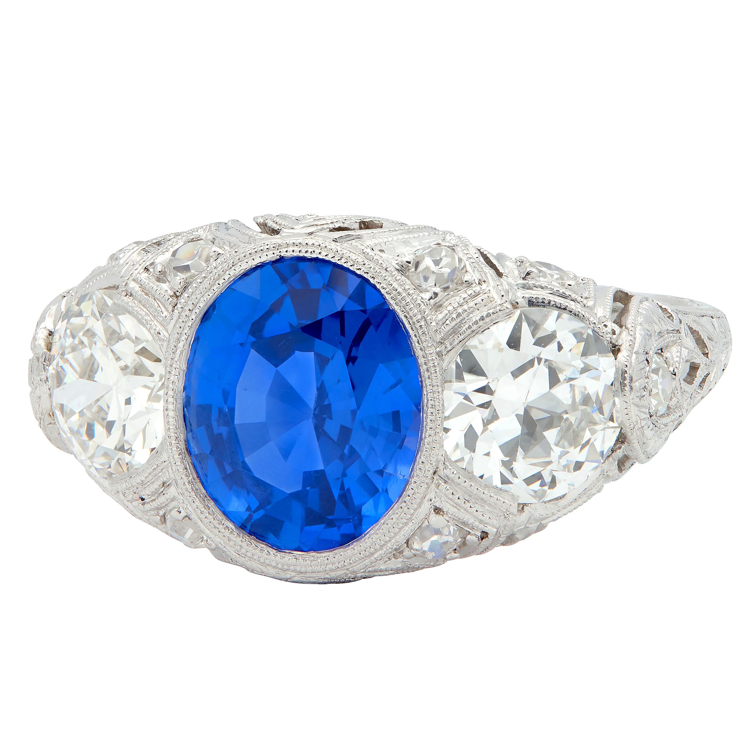 Art Deco 4.90 CTW No Heat Ceylon Sapphire Diamond Platinum Antique Ring AGL