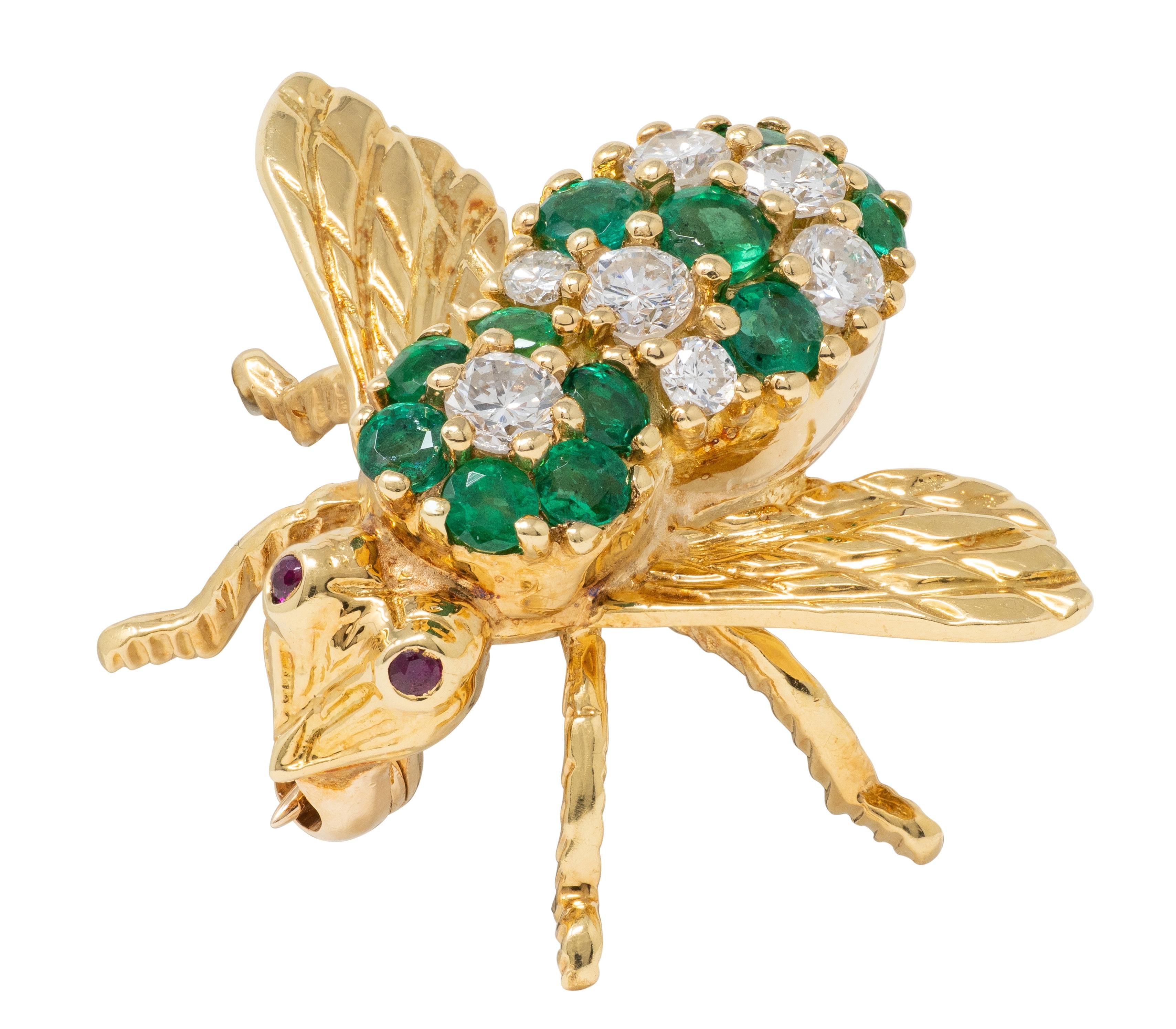 Rosenthal Diamond Emerald Ruby 18K Yellow Gold Vintage Bee Brooch