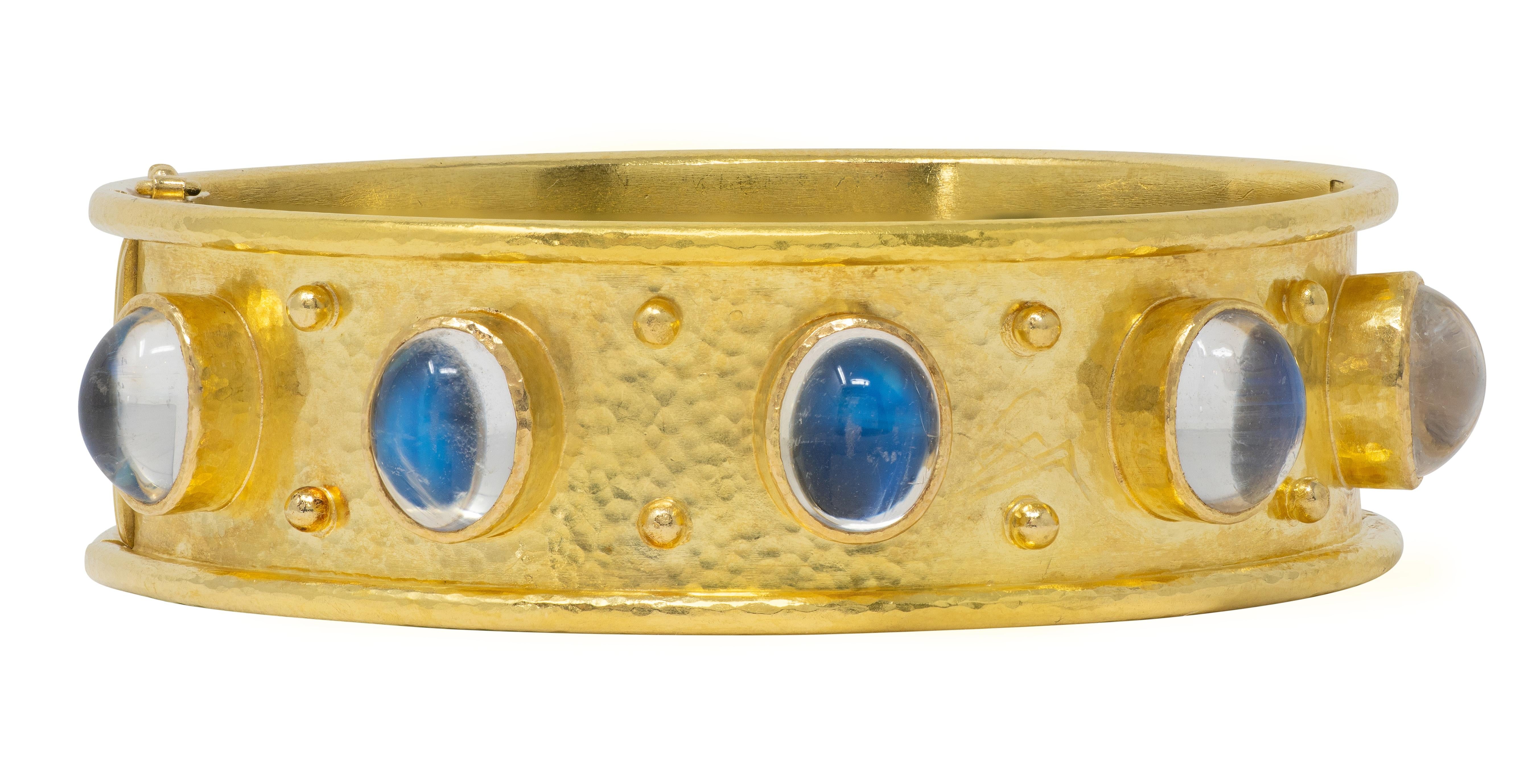Elizabeth Locke 2000's Moonstone 18K Gold Wide Hammered Bangle Bracelet