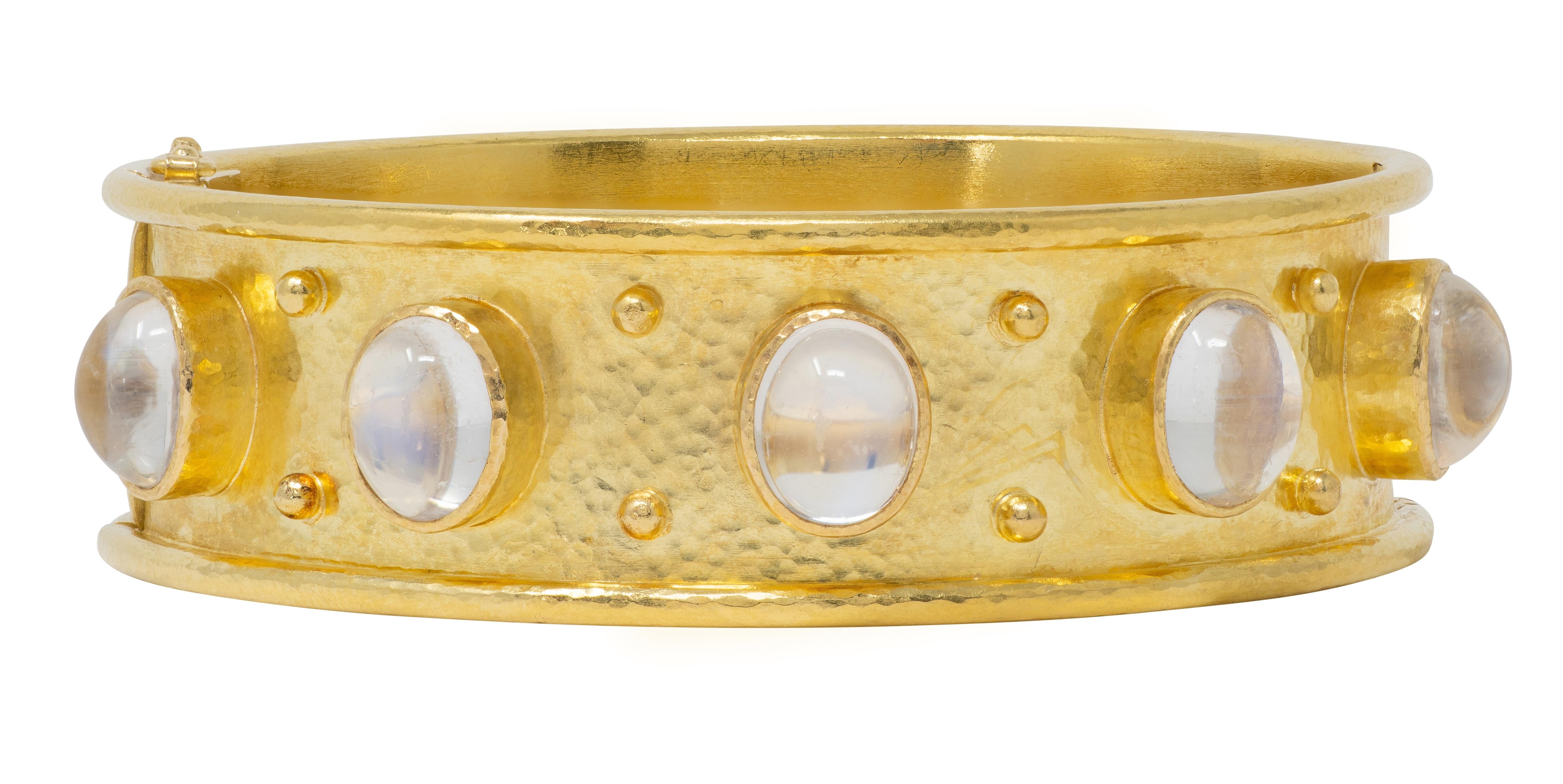Elizabeth Locke 2000's Moonstone 18K Gold Wide Hammered Bangle Bracelet