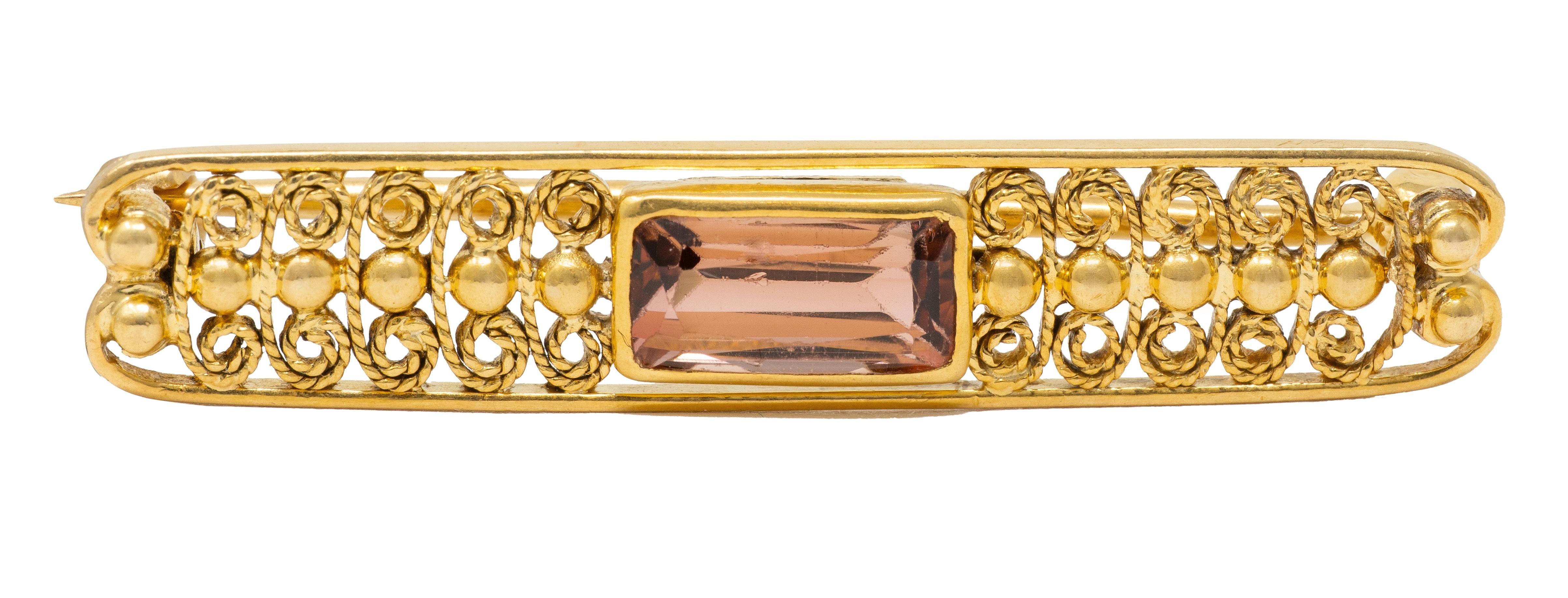 Louis Comfort Tiffany 1900's Tourmaline 18K Gold Antique Filigree Bar Brooch