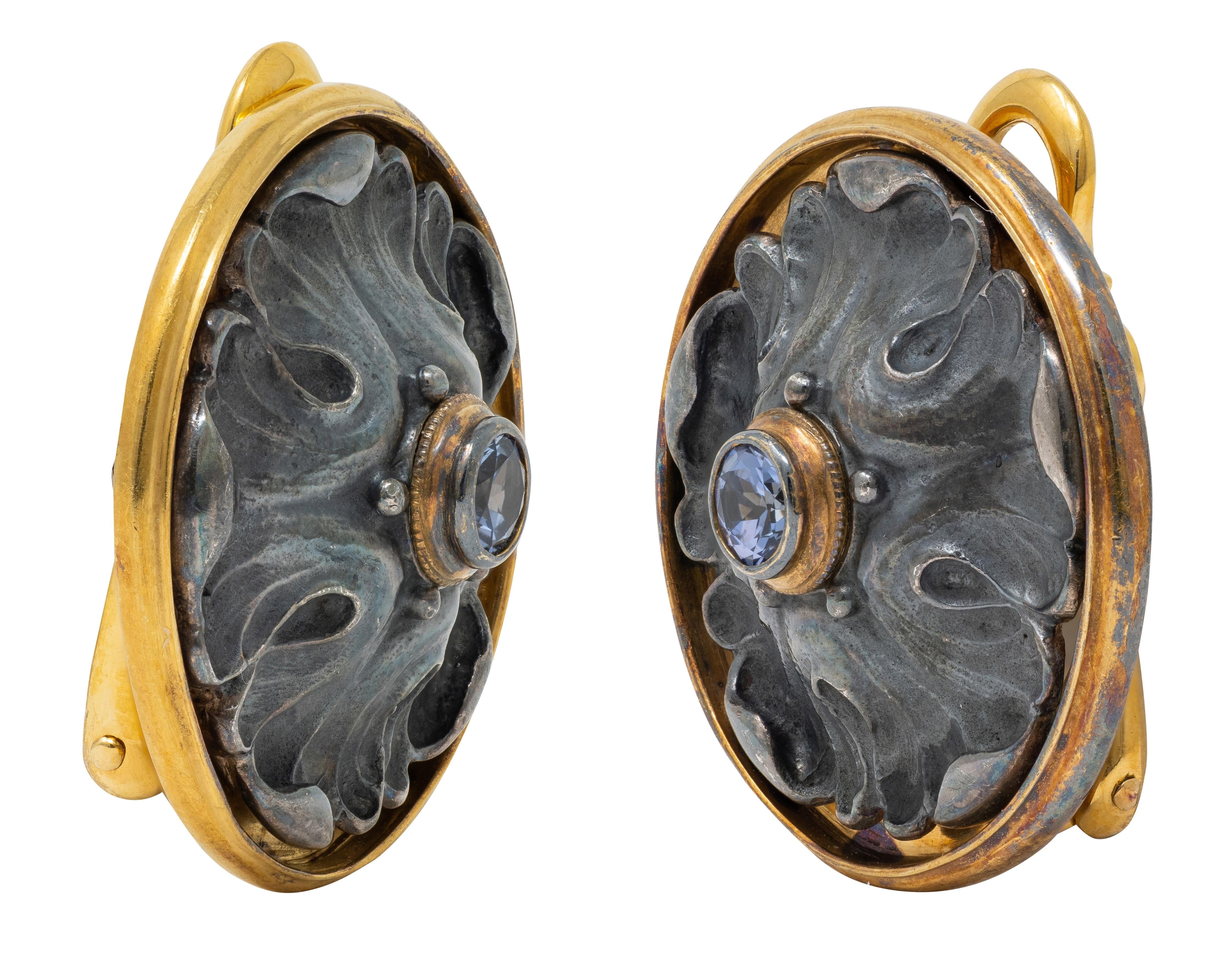 Paul Lantuch Neoclassical Revival Sapphire 18 K Gold Silver Leaf Earrings