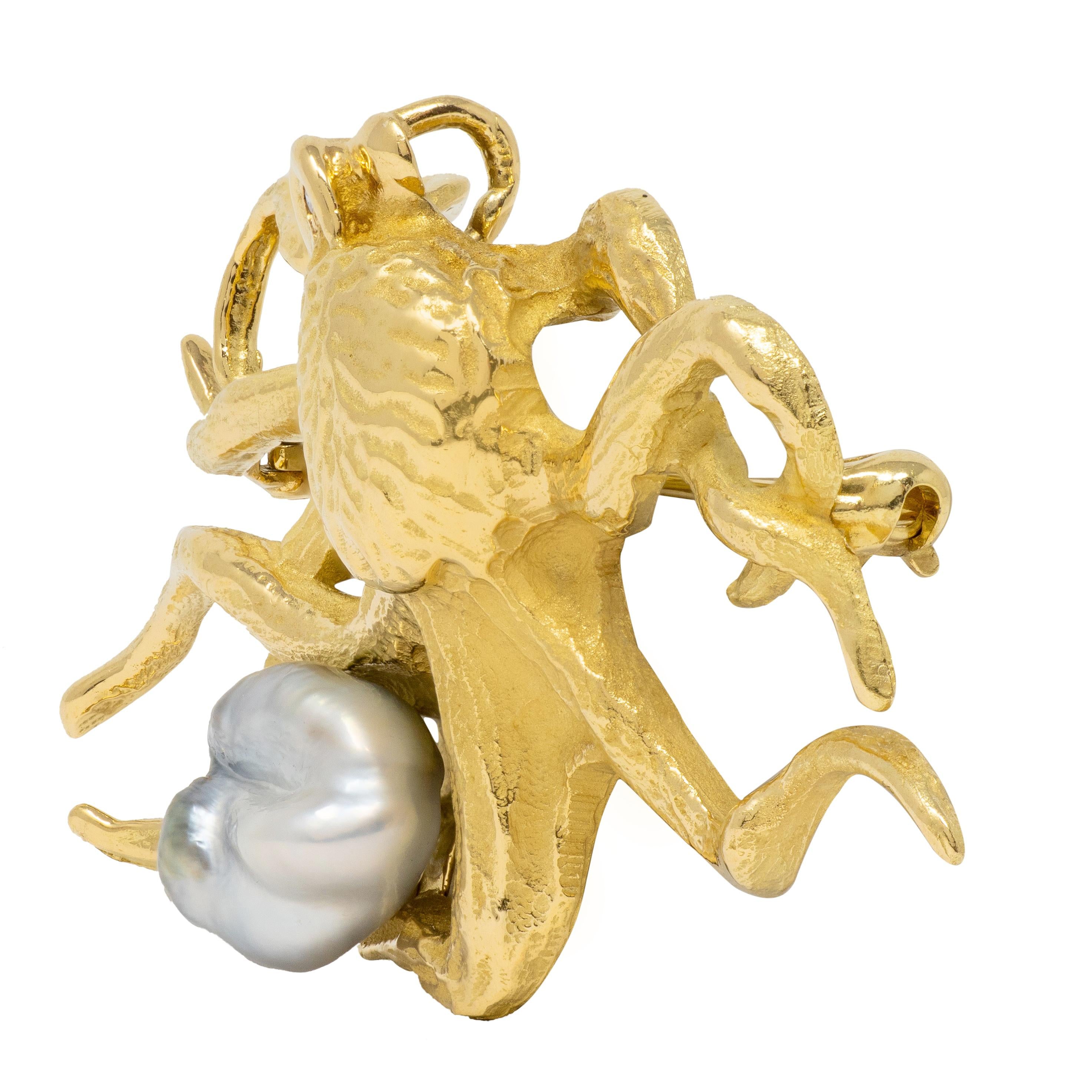 2000's Pearl Diamond 18 Karat Yellow Gold Octopus Pendant Brooch