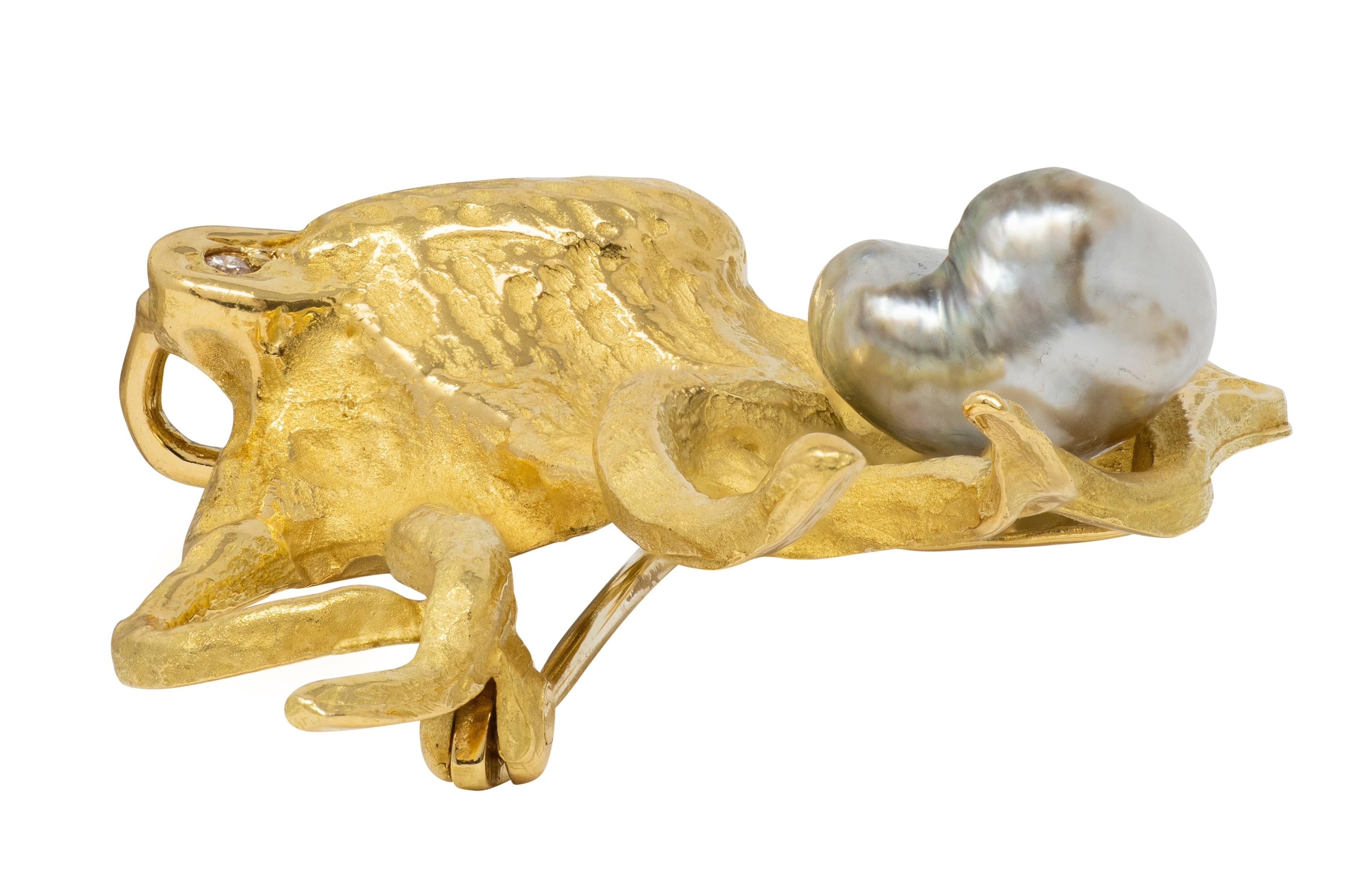 2000's Pearl Diamond 18 Karat Yellow Gold Octopus Pendant Brooch