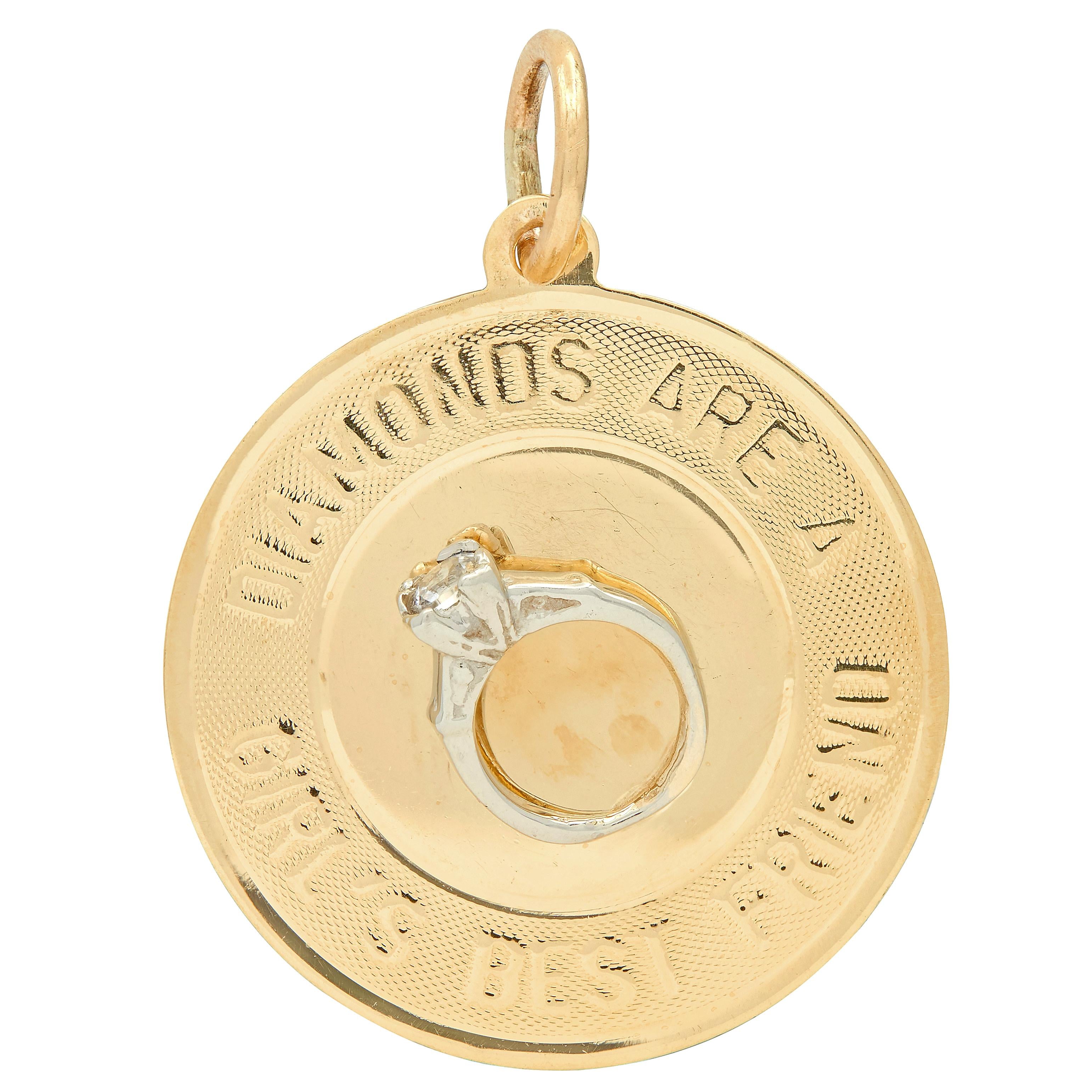 1950's 14 Karat Two-Tone Gold Diamonds Are A Girls Best Friend Pendant Charm