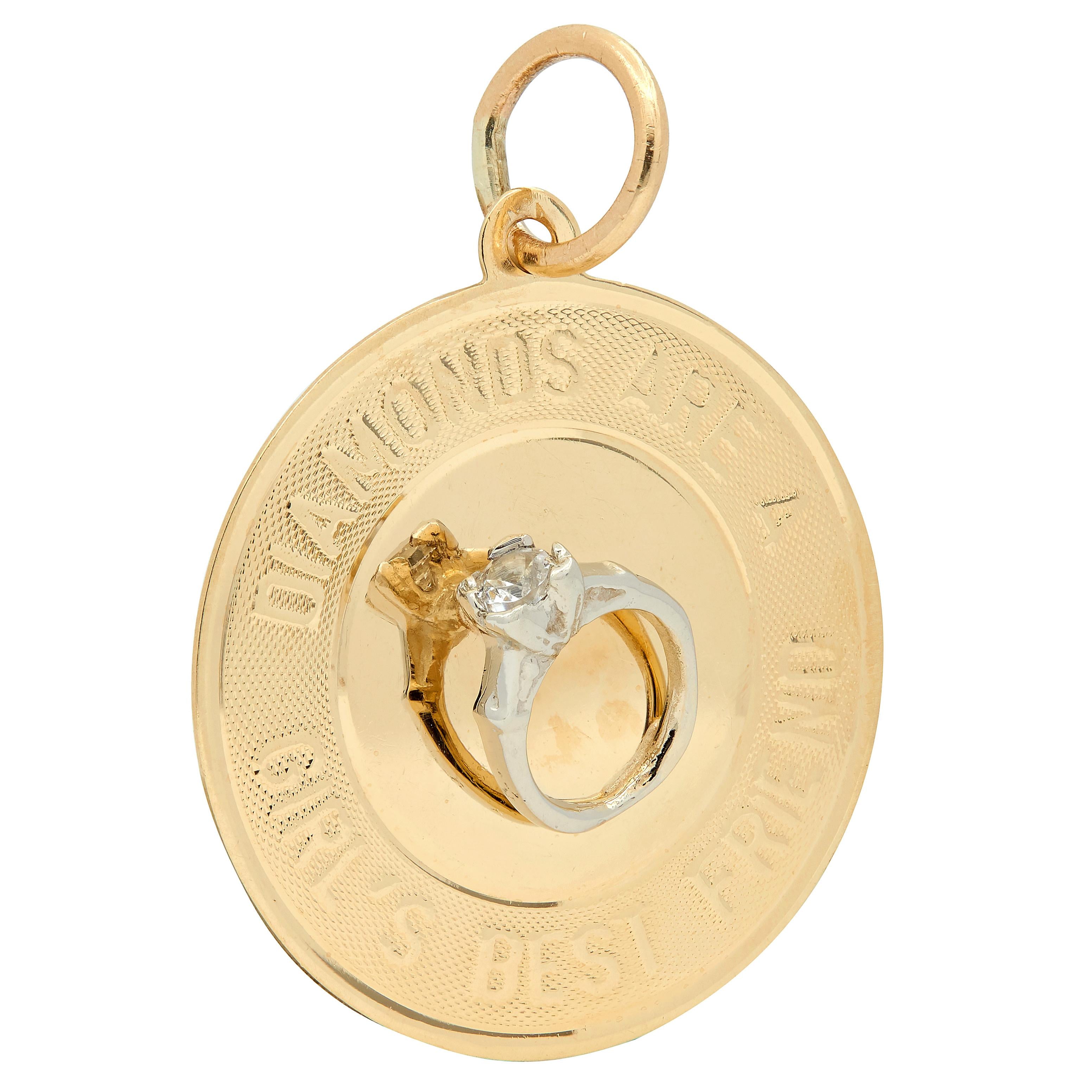 1950's 14 Karat Two-Tone Gold Diamonds Are A Girls Best Friend Pendant Charm