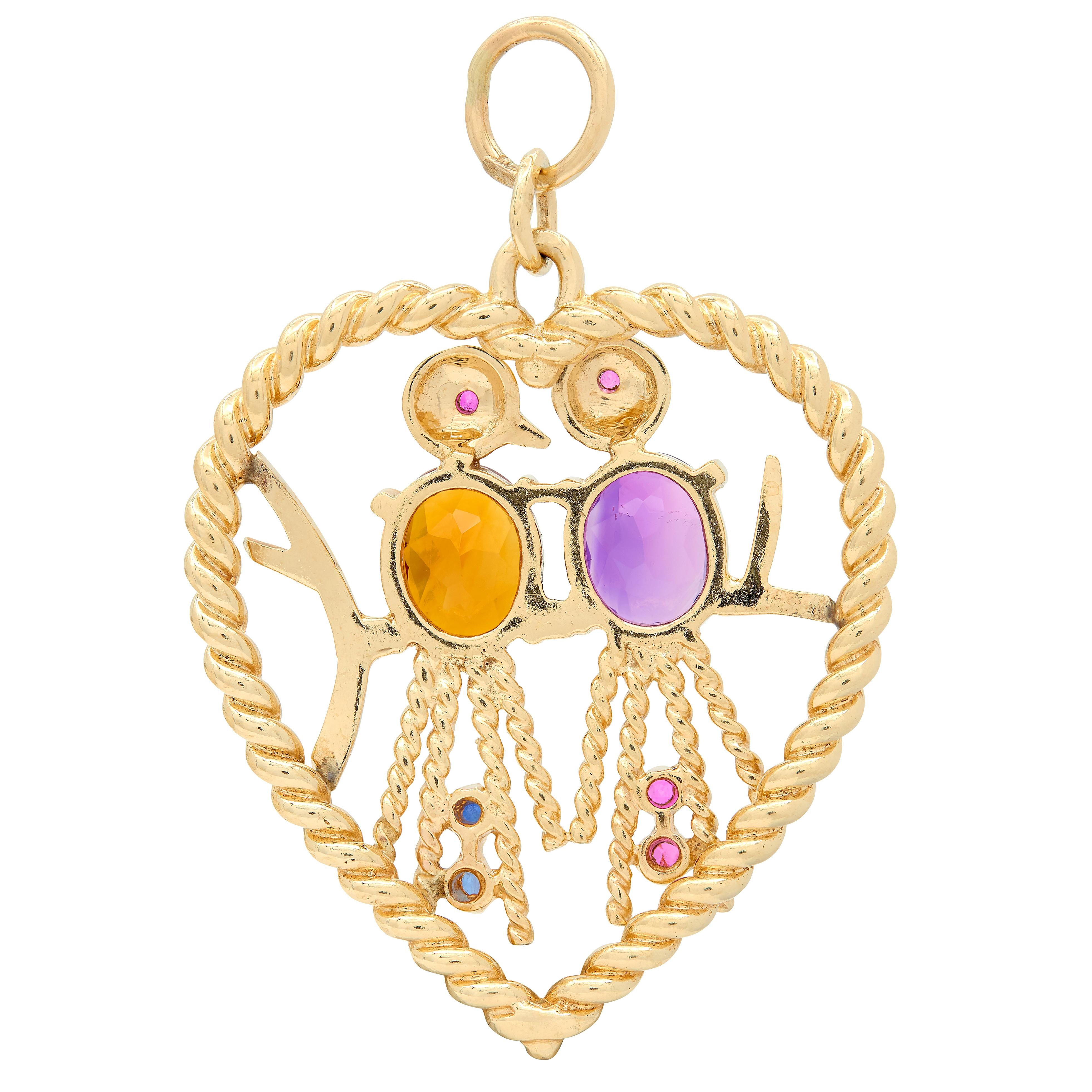 1960's Citrine Amethyst Ruby 14K Gold Vintage Love Bird Pendant Charm
