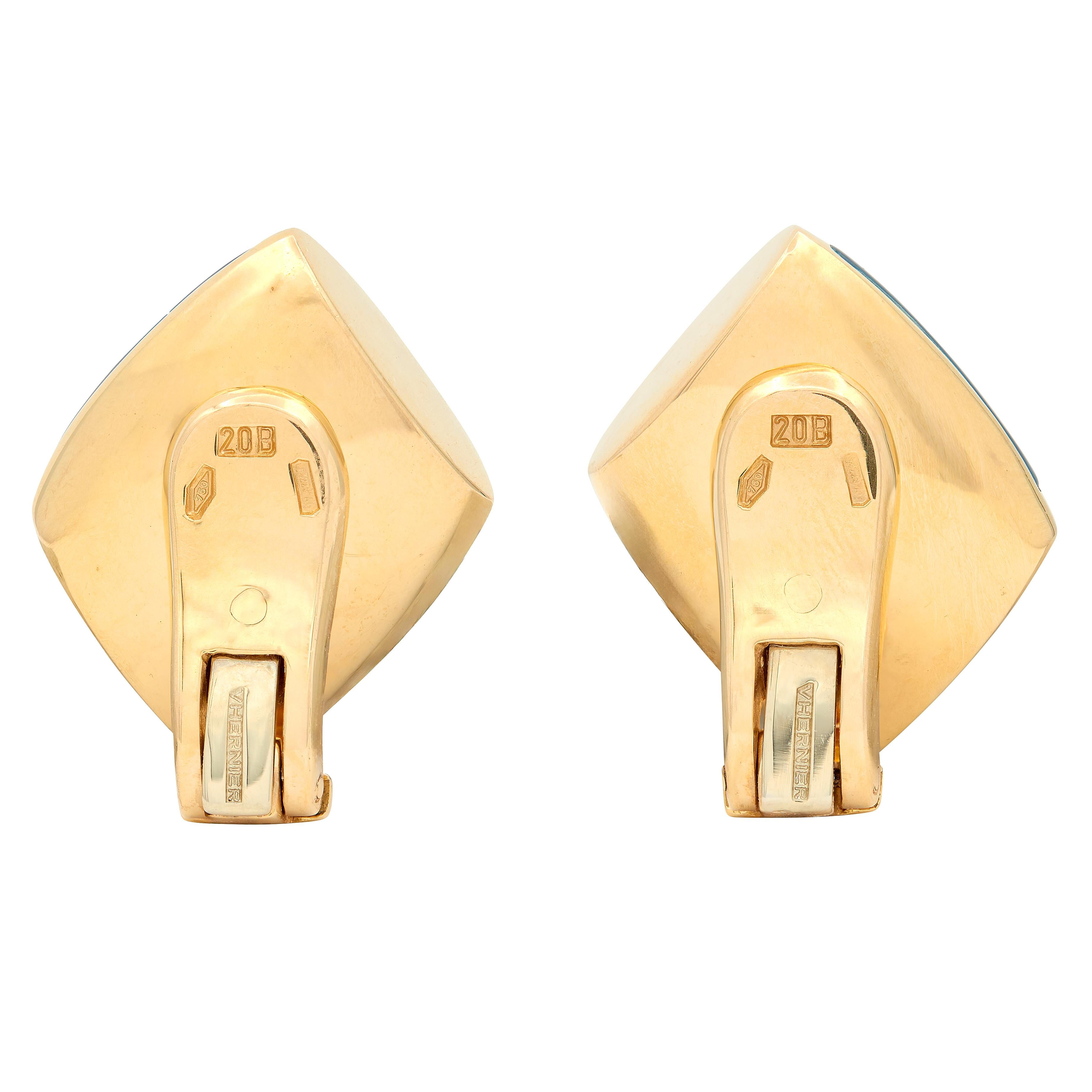 Vhernier 2000's Blue Quartz 18 Karat Yellow Gold Plateau Ear-Clip Earrings