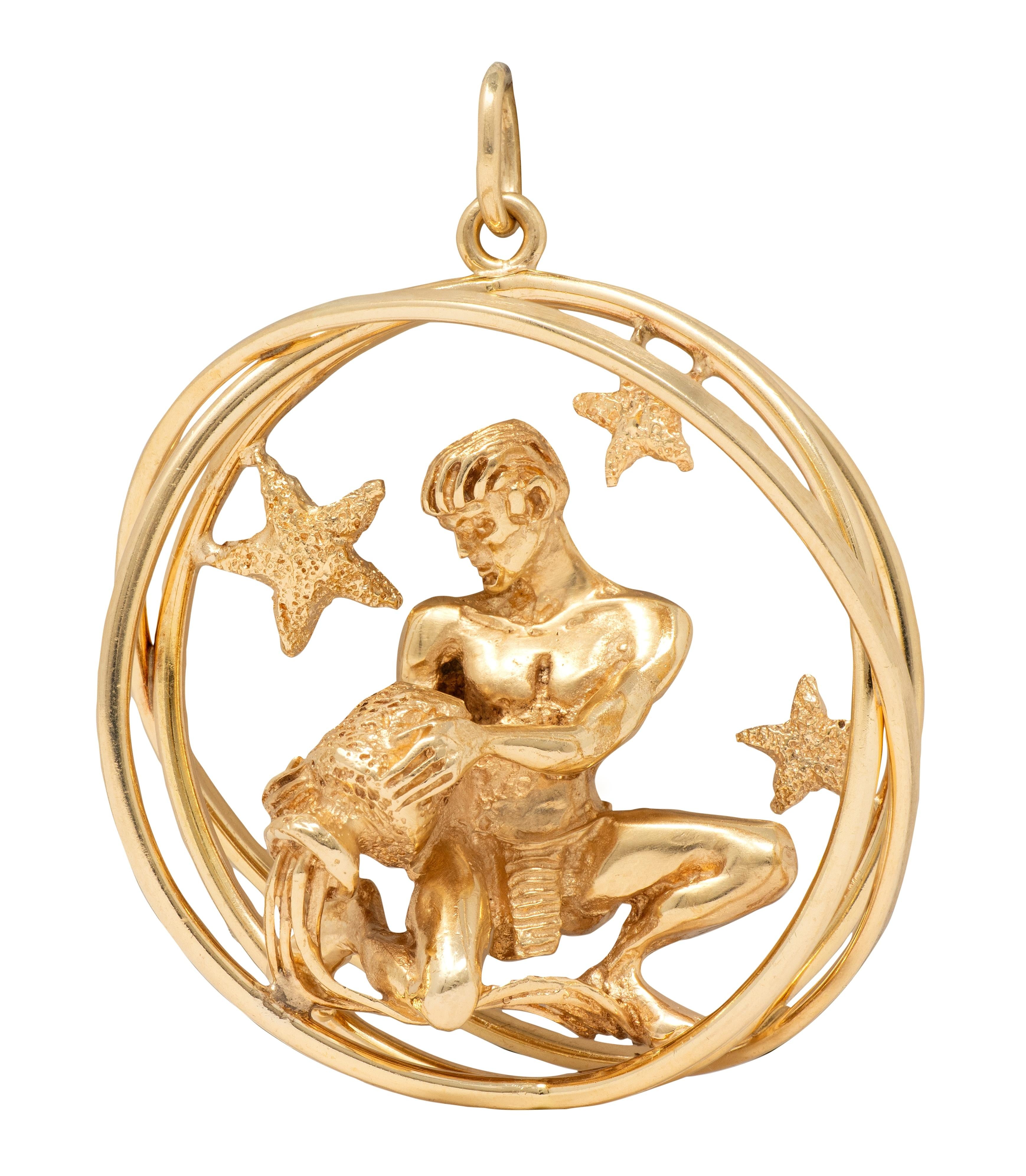 Ruser 1970's 14 Karat Yellow Gold Vintage Aquarius Zodiac Pendant