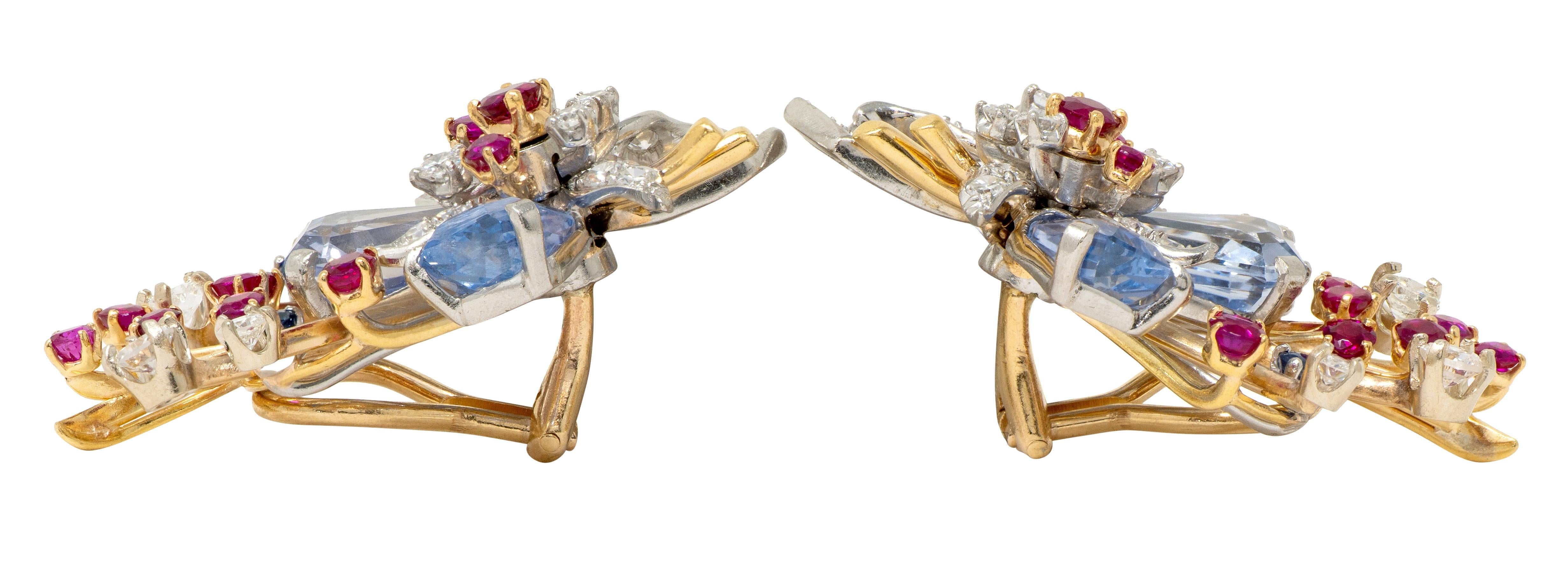 Tiffany & Co. Retro Sapphire Ruby Diamond 18K Gold Vintage Floral Spray Earrings