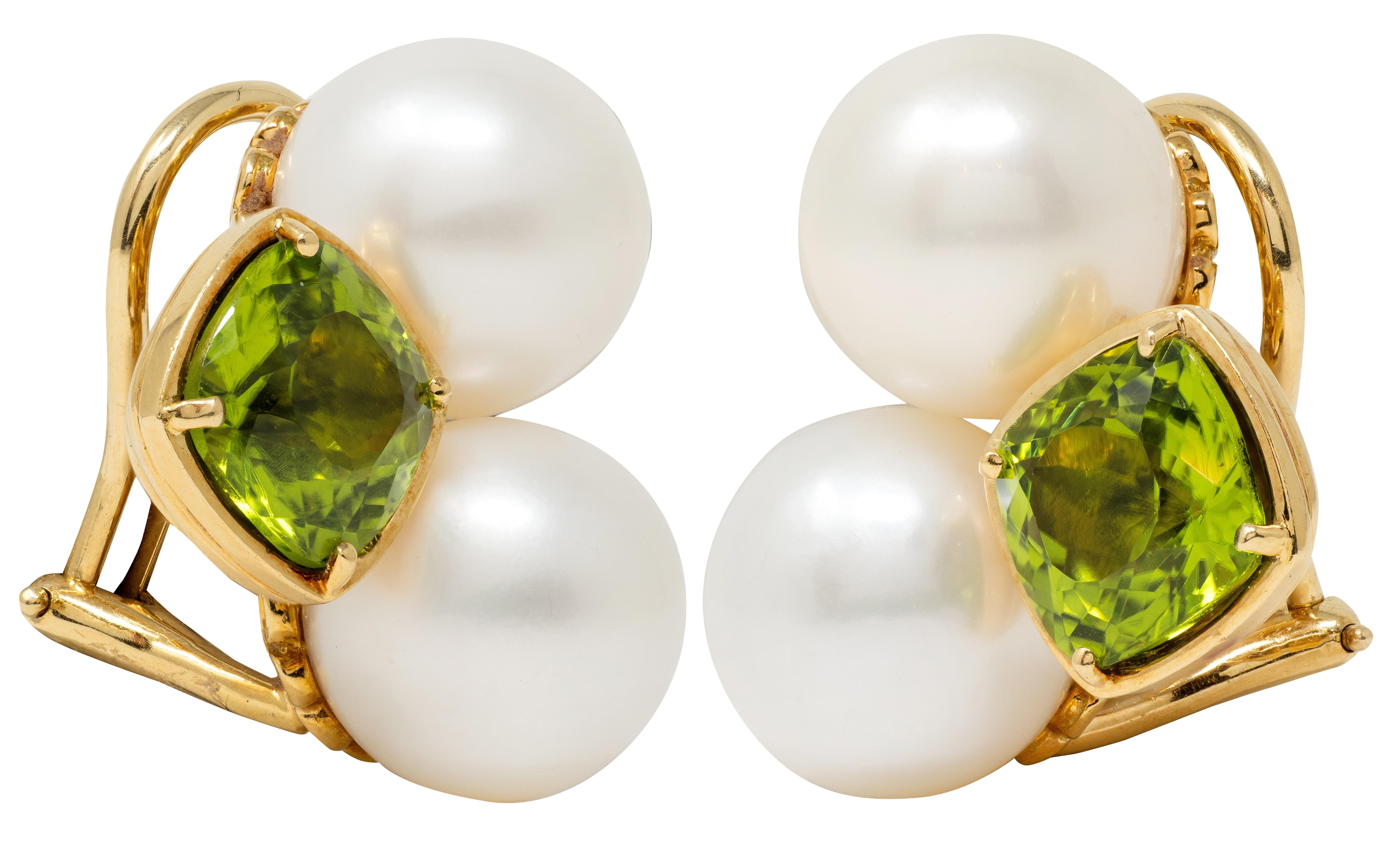 Seaman Schepps 2000's Peridot Pearl 18K Gold Vintage Ear-Clip Earrings