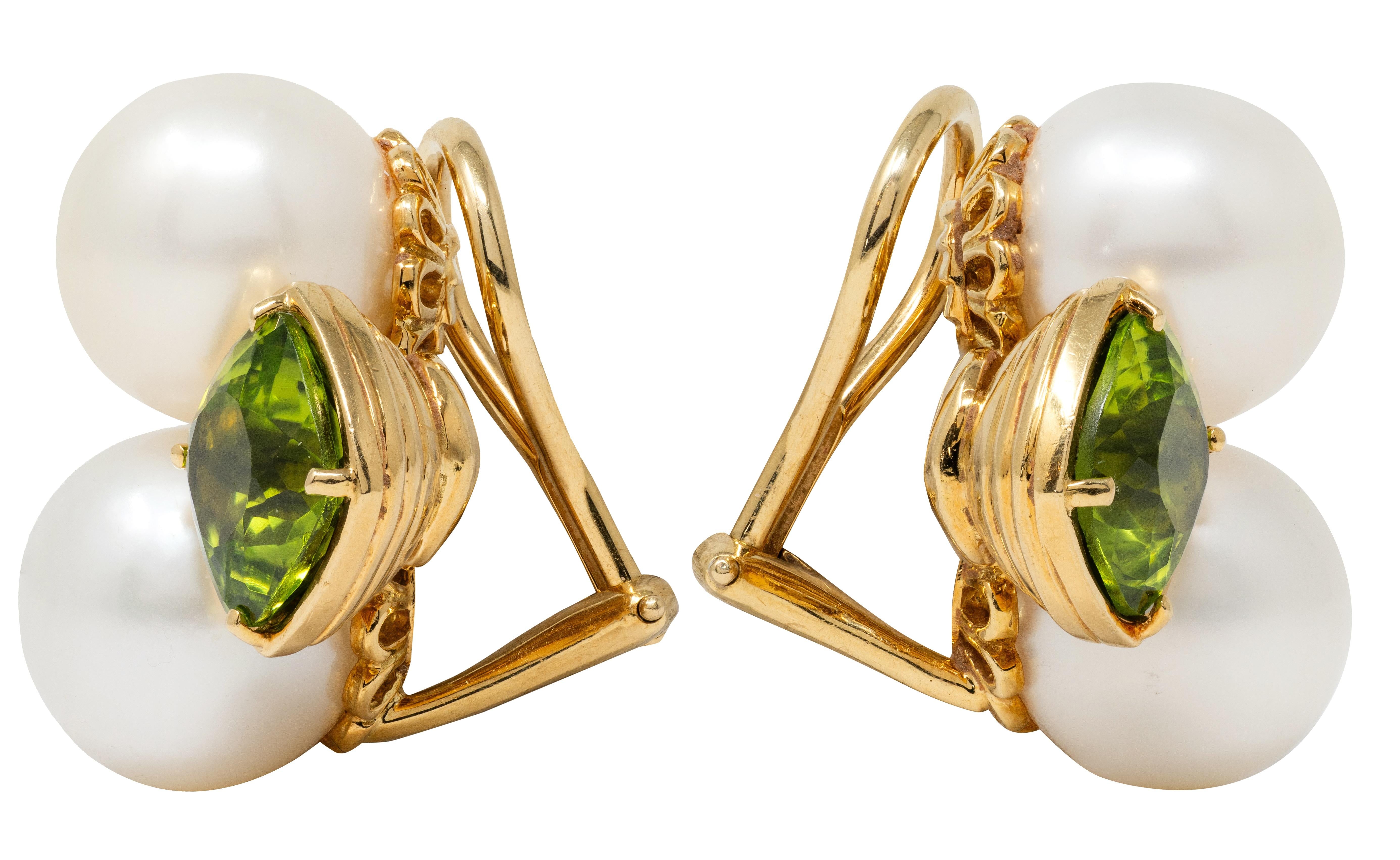 Seaman Schepps 2000's Peridot Pearl 18K Gold Vintage Ear-Clip Earrings