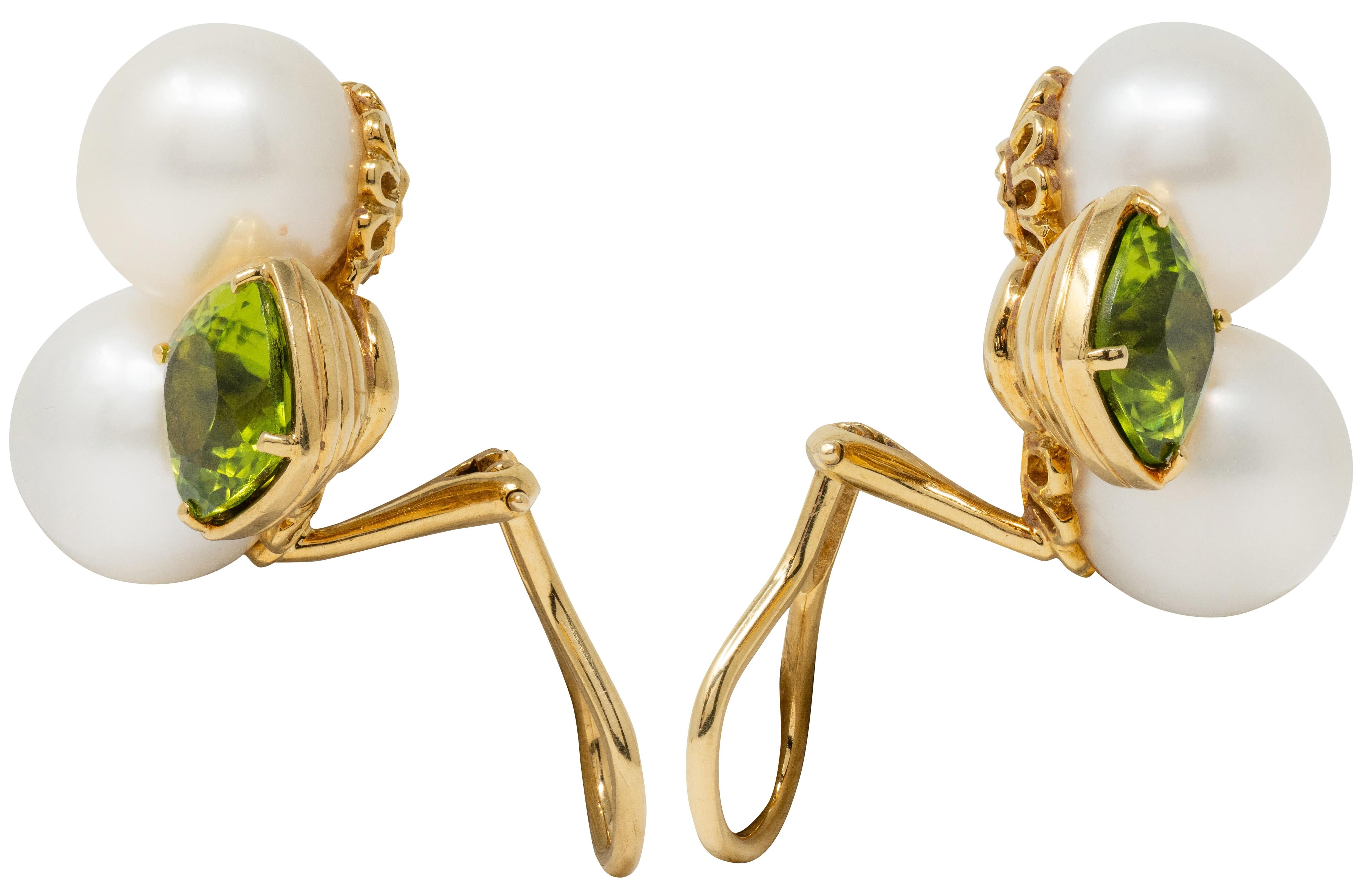 Seaman Schepps 2000's Peridot Pearl 18K Gold Vintage Ear-Clip Earrings