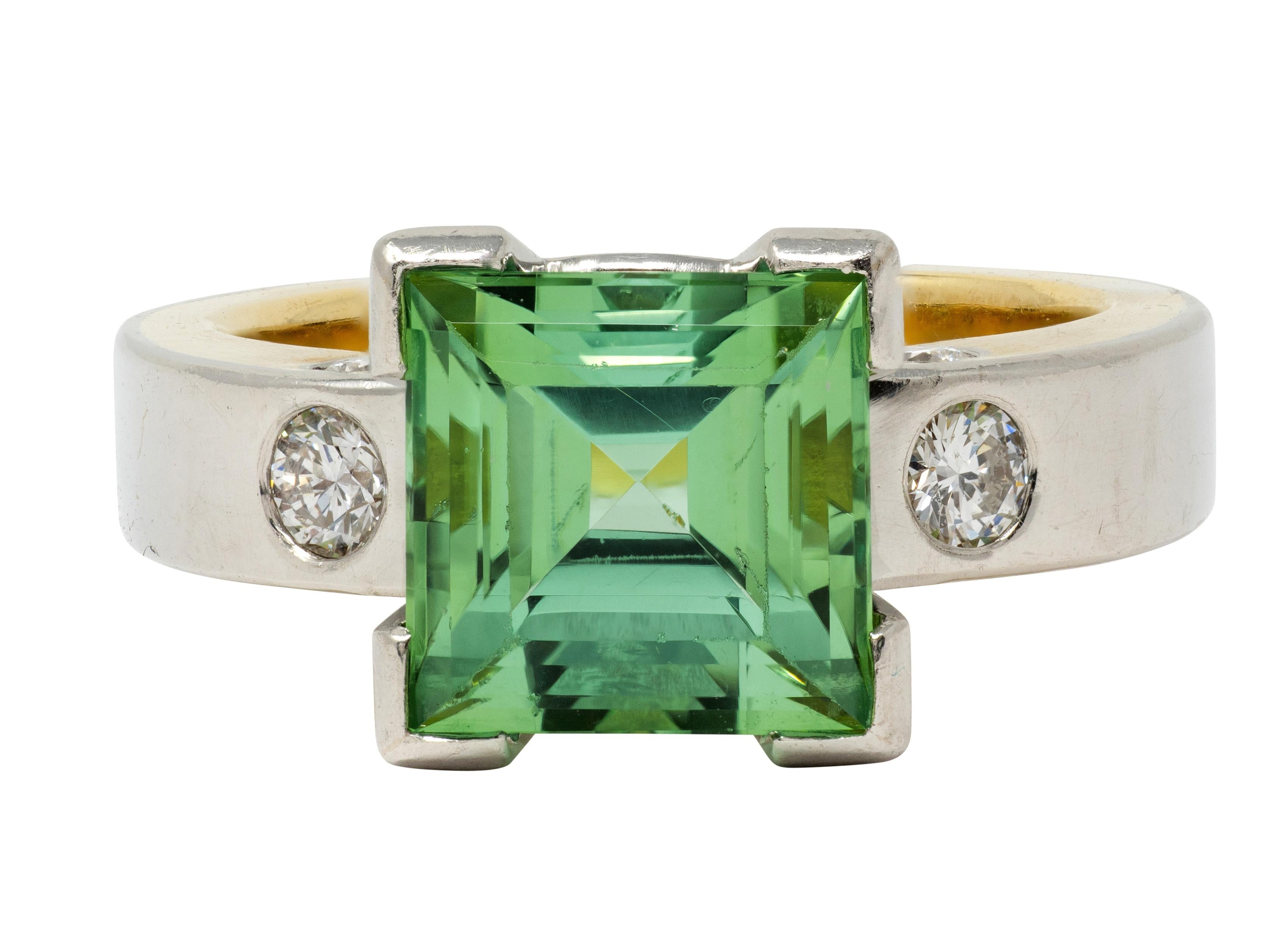 Tourmaline Diamond Platinum 18 Karat Yellow Gold Cocktail Ring