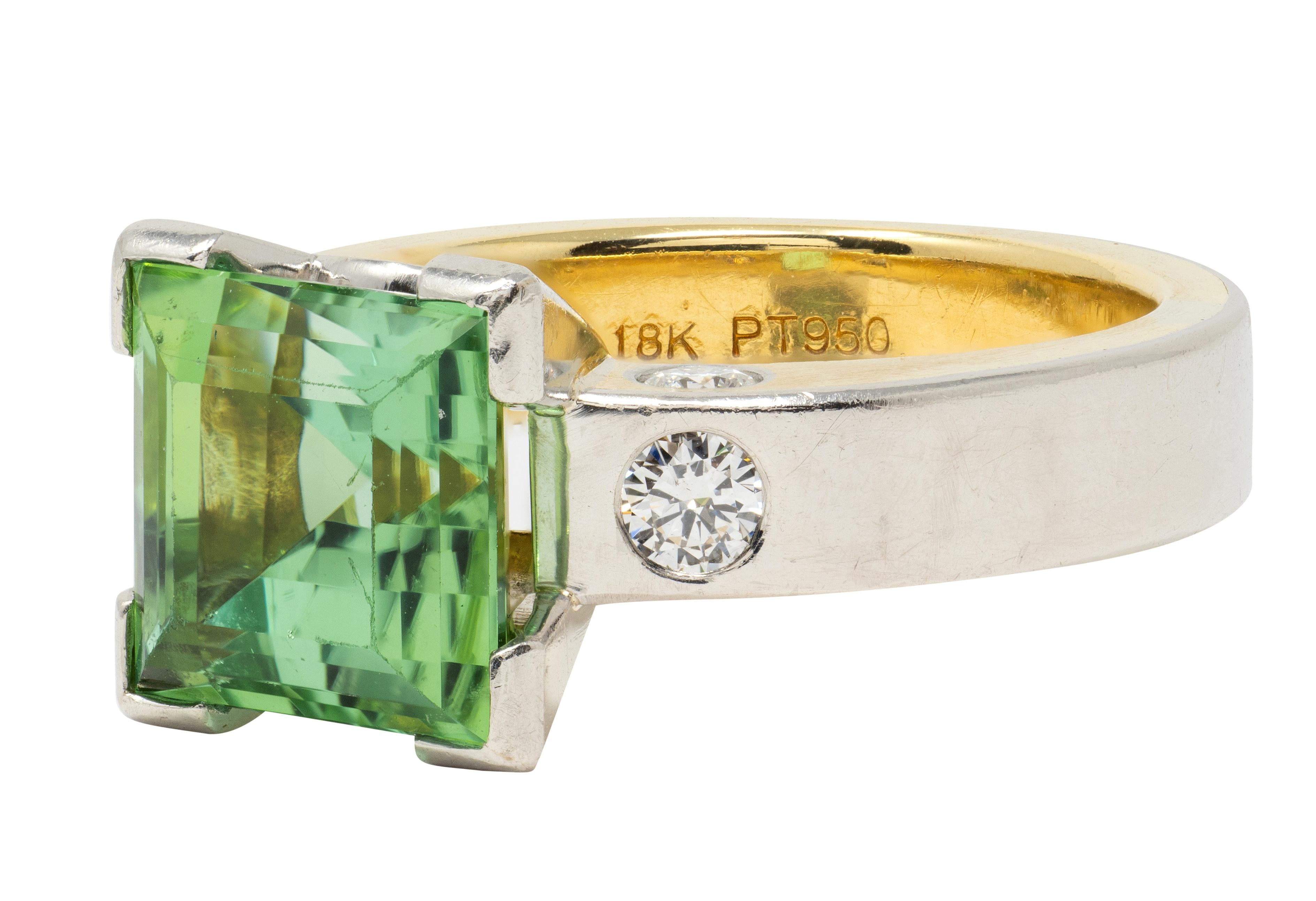 Tourmaline Diamond Platinum 18 Karat Yellow Gold Cocktail Ring