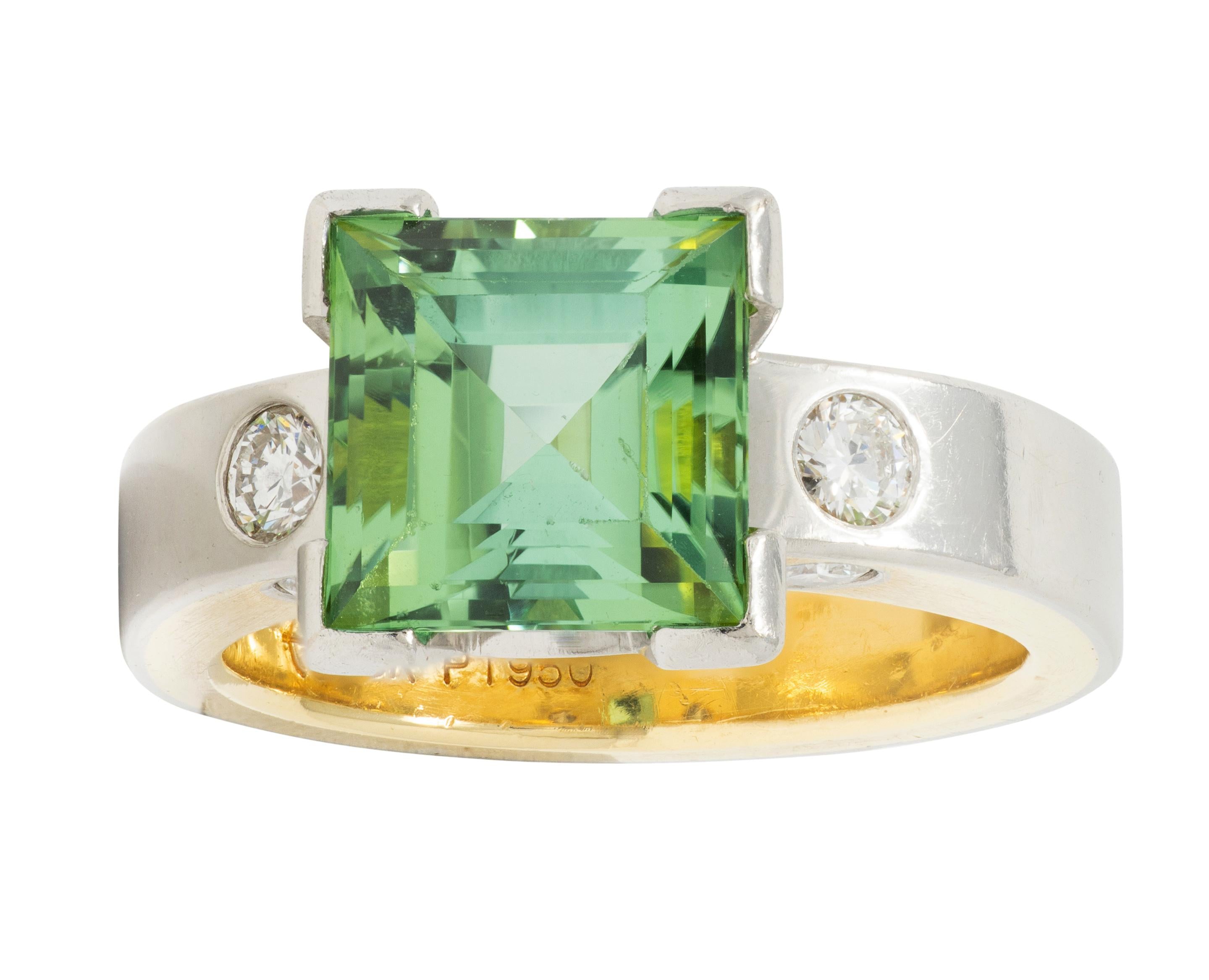 Tourmaline Diamond Platinum 18 Karat Yellow Gold Cocktail Ring