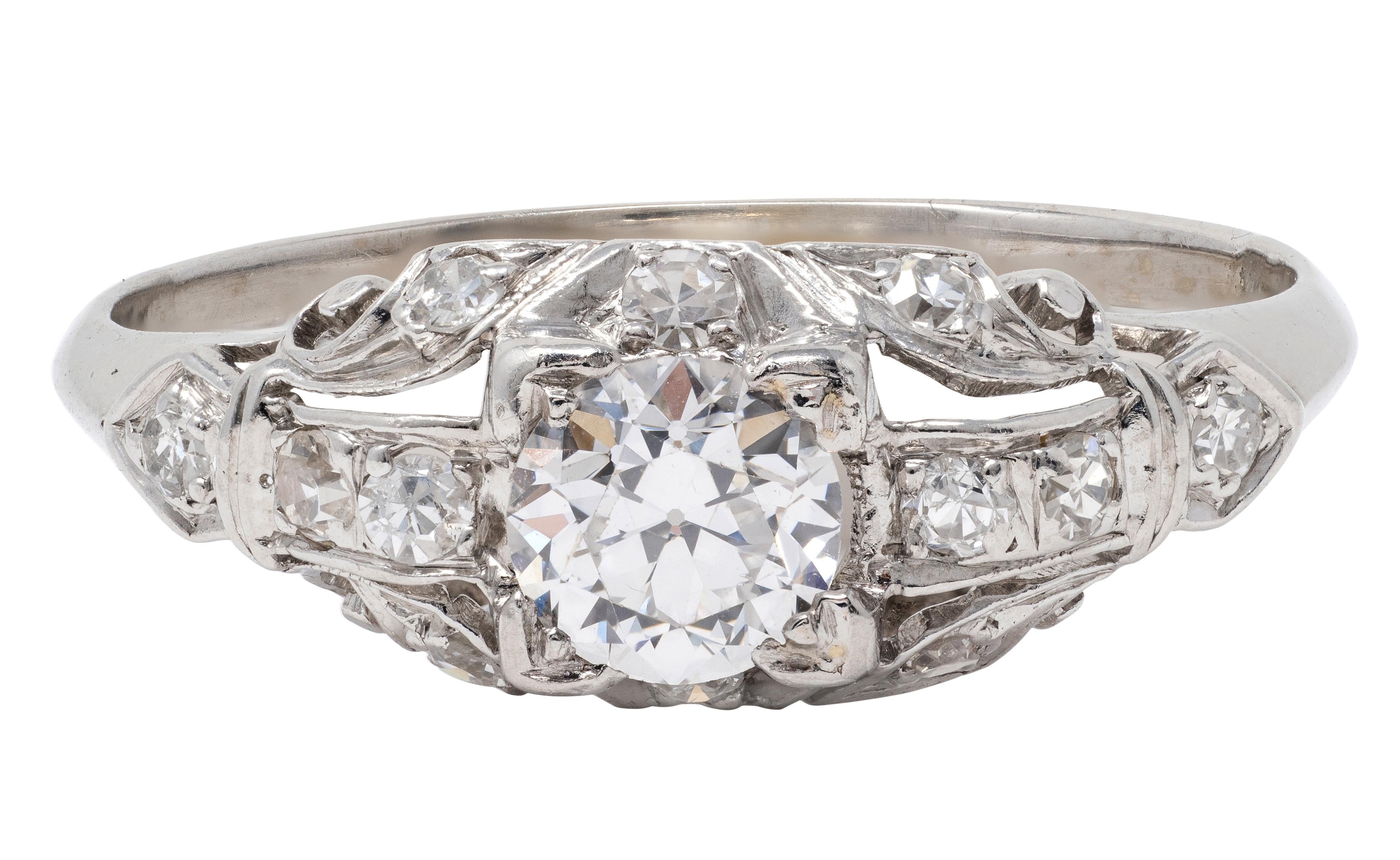 Art Deco Old European Diamond 18K Gold Vintage Scrolling Leaf Engagement Ring