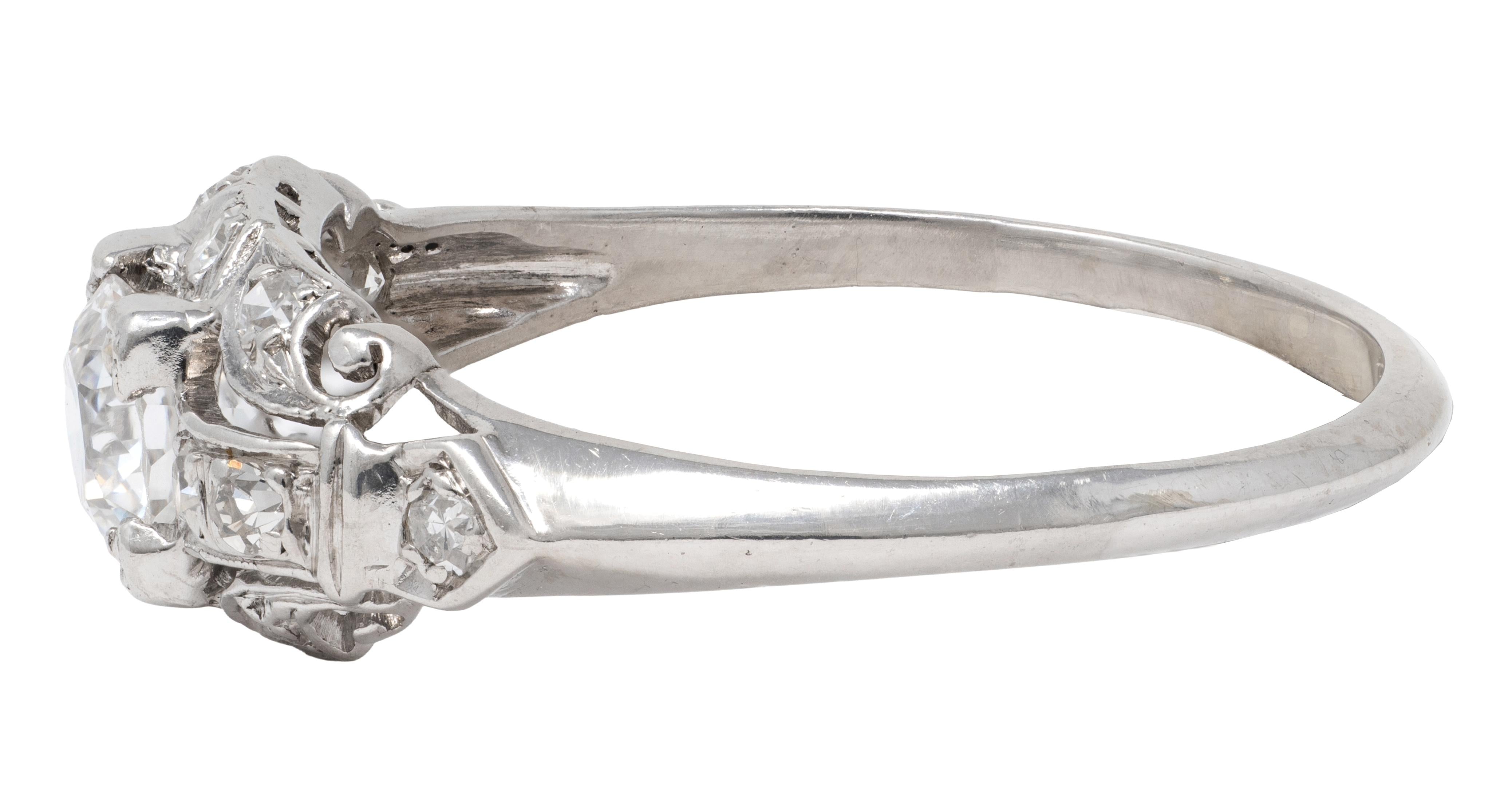 Art Deco Old European Diamond 18K Gold Vintage Scrolling Leaf Engagement Ring