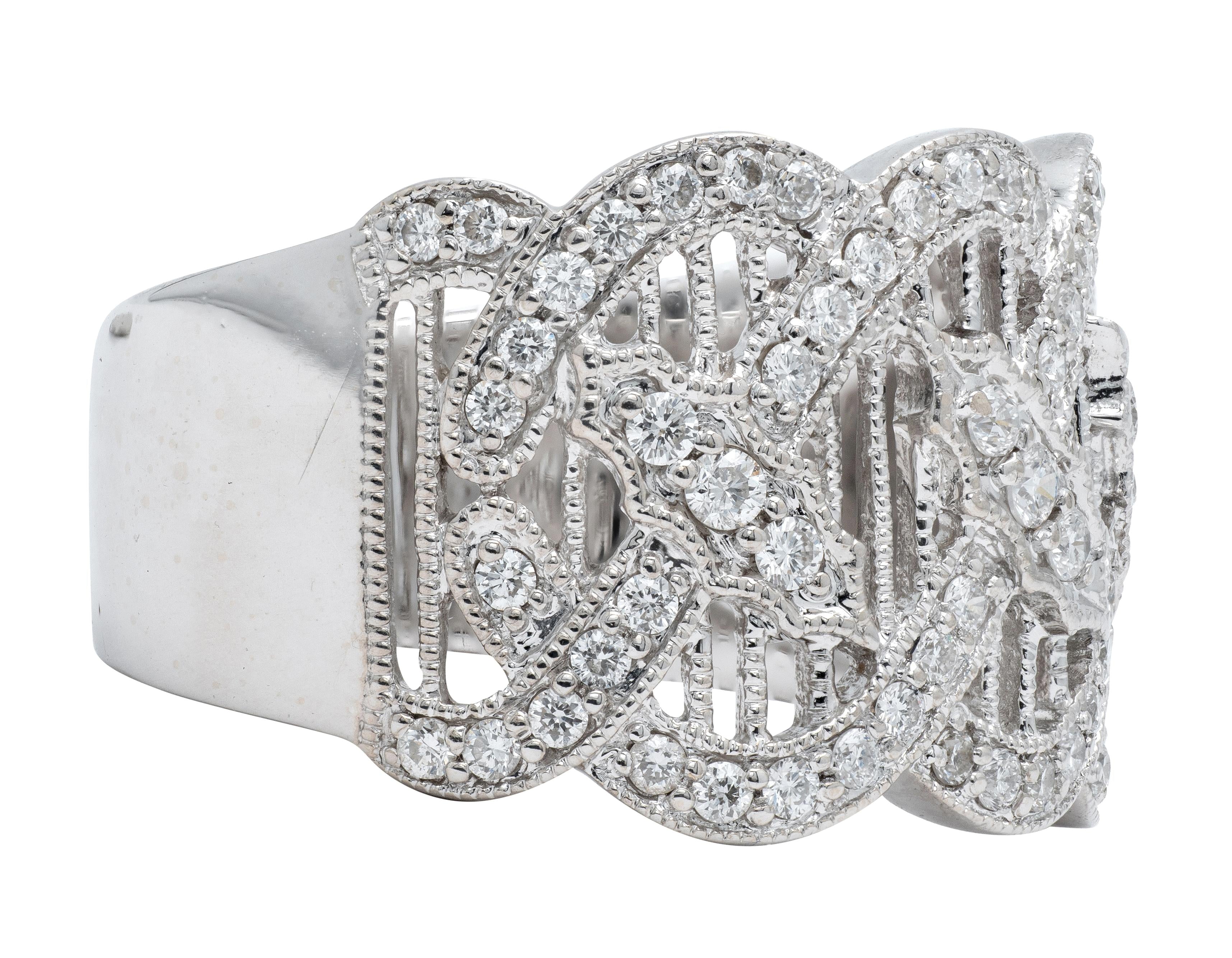 Contemporary Round Diamond 18 Karat White Gold Wide Twist Filigree Band Ring