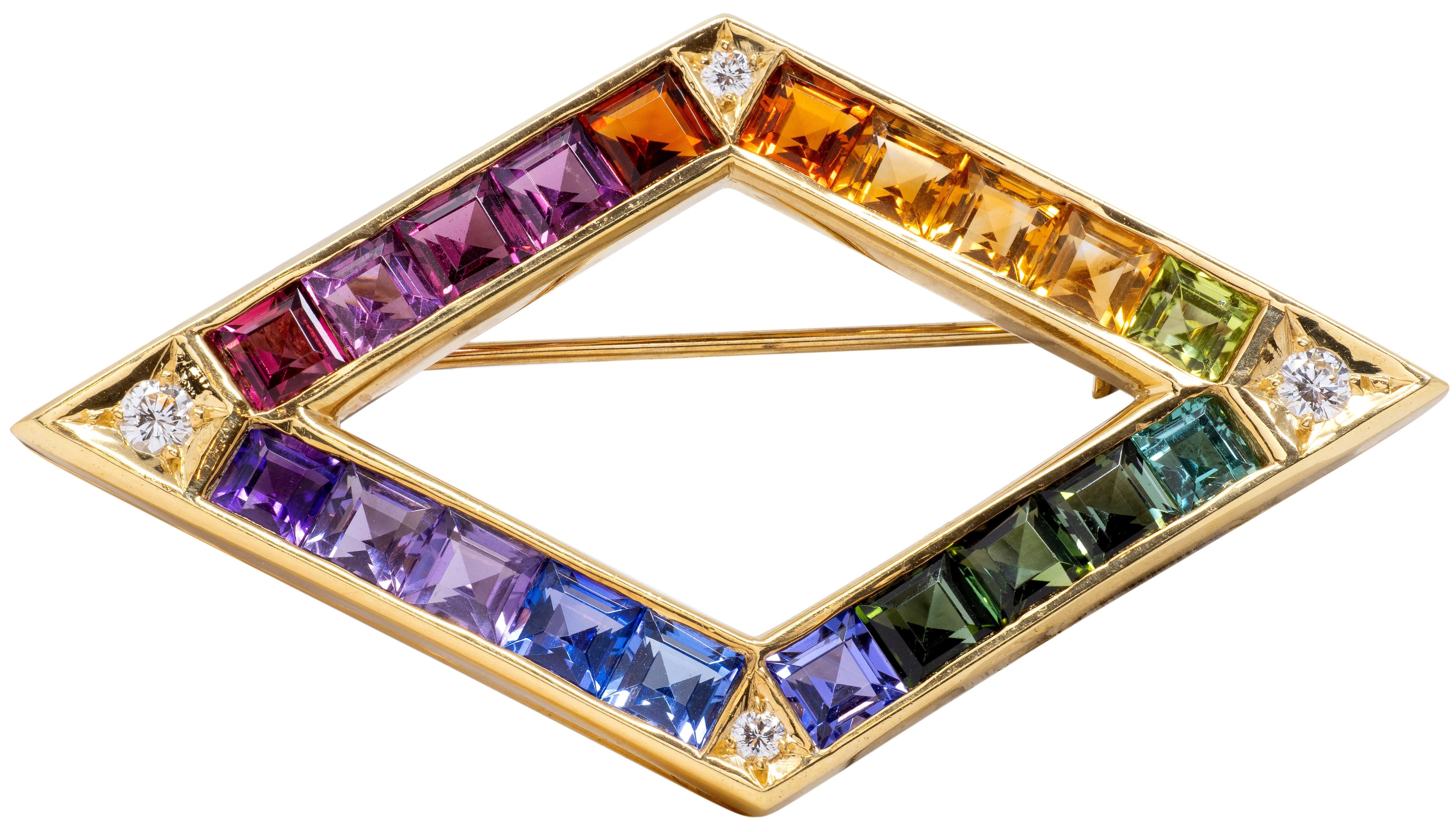 Contemporary Diamond Multi-Gem 18 Karat Yellow Gold Rainbow Diamond Brooch