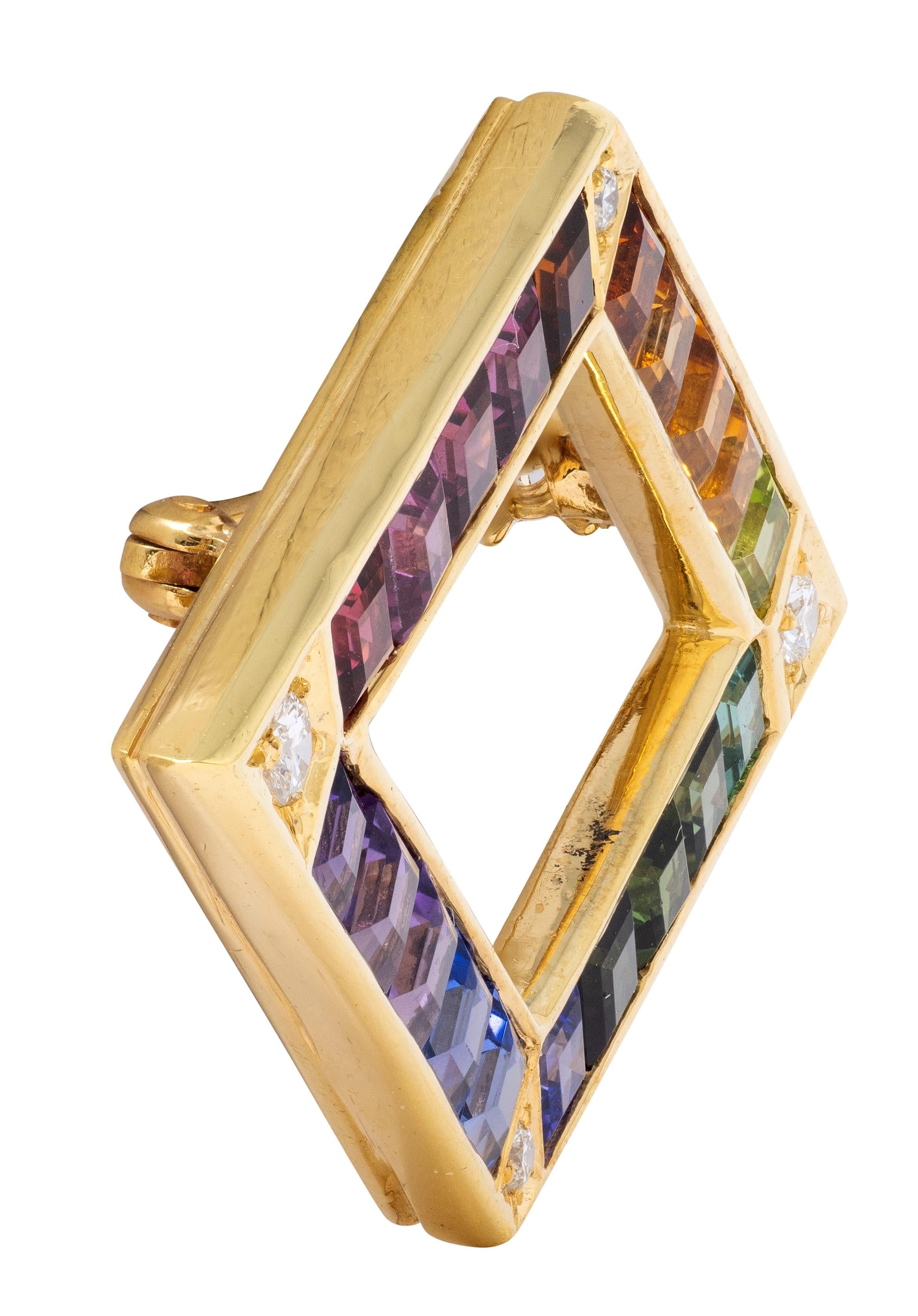 Contemporary Diamond Multi-Gem 18 Karat Yellow Gold Rainbow Diamond Brooch