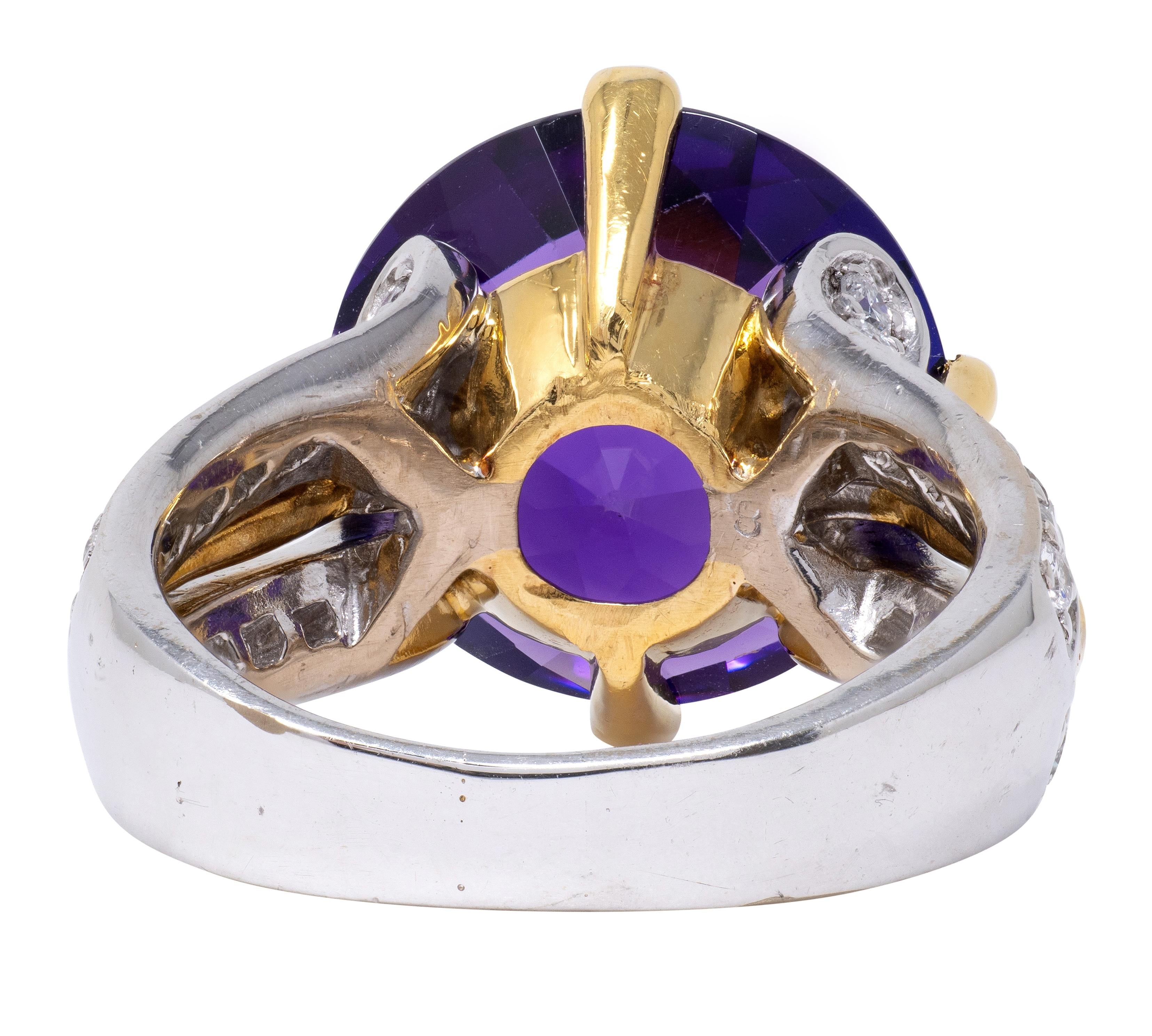 2000's Amethyst Diamond 18 Karat Two-Tone Gold Checkerboard Cocktail Ring