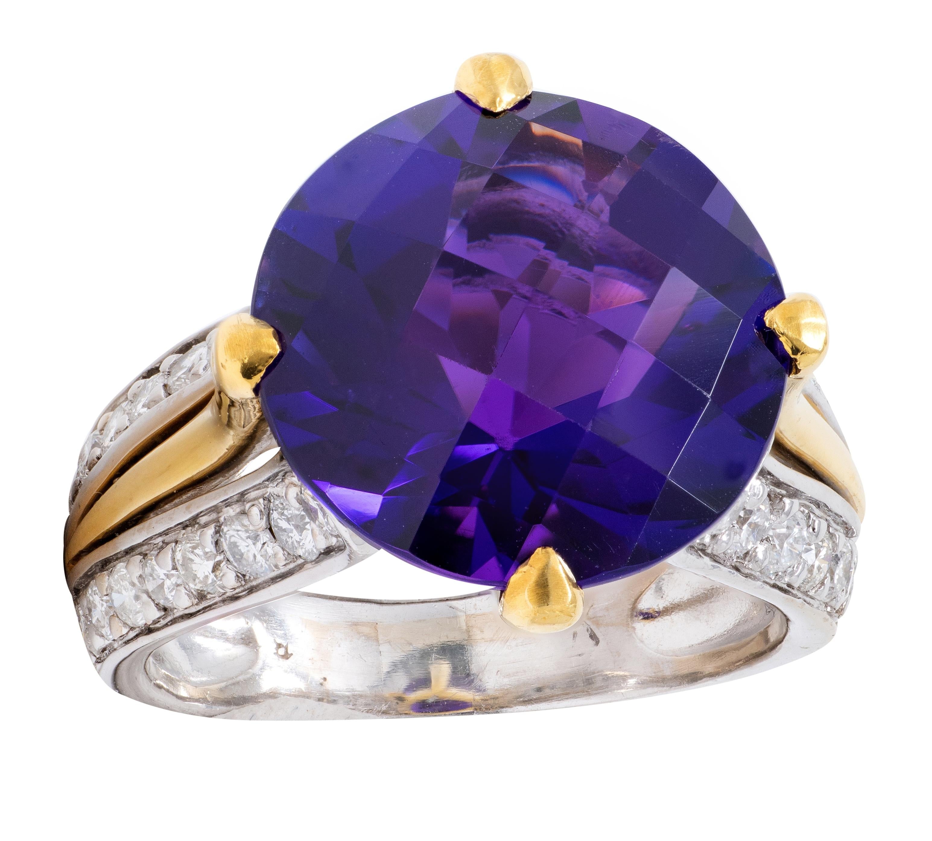 2000's Amethyst Diamond 18 Karat Two-Tone Gold Checkerboard Cocktail Ring