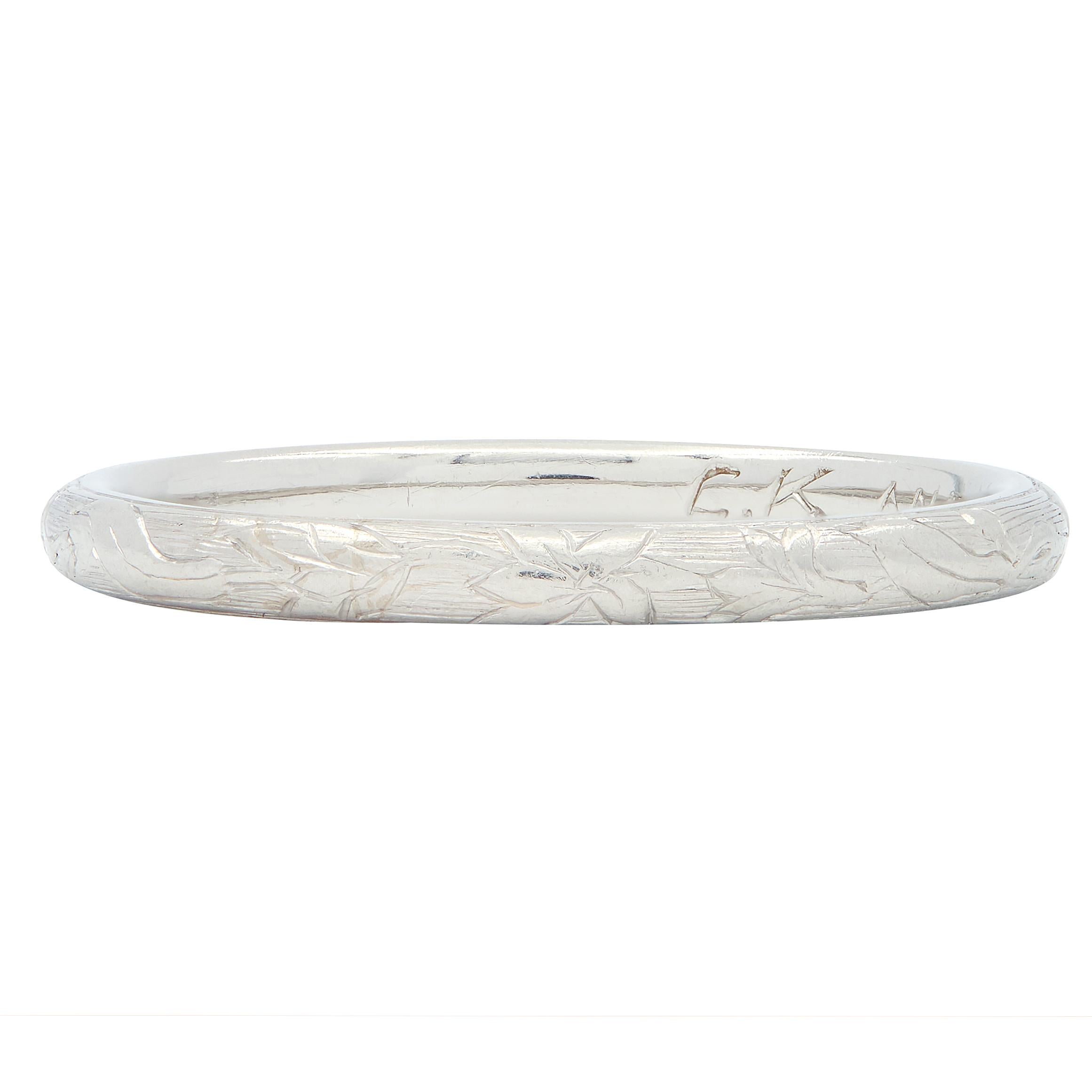 Art Deco Platinum Engraved Floral Lotus Vintage Wedding Band Ring