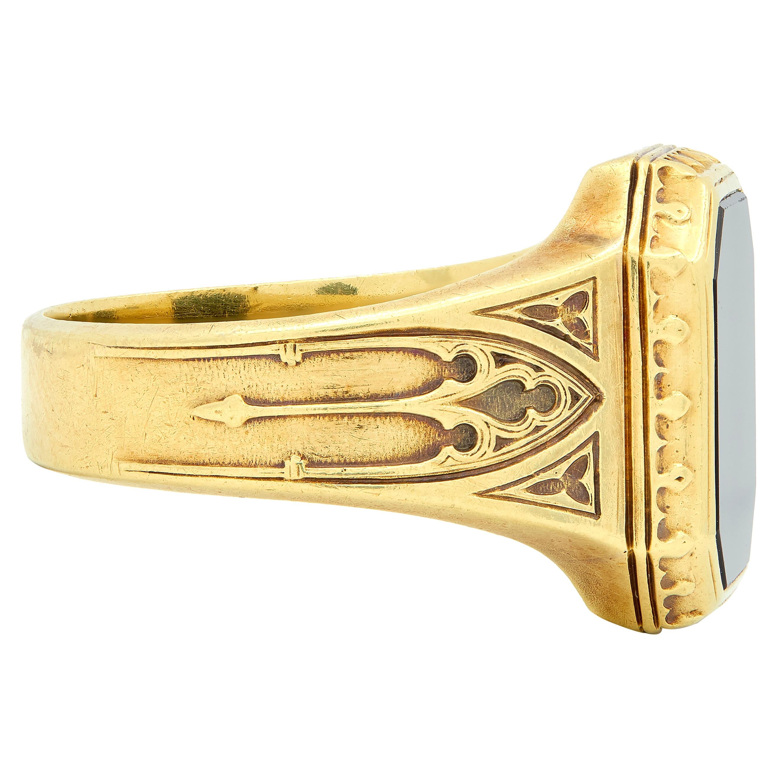 Larter & Sons Victorian Onyx 14K Yellow Gold Gothic Antique Unisex Signet Ring