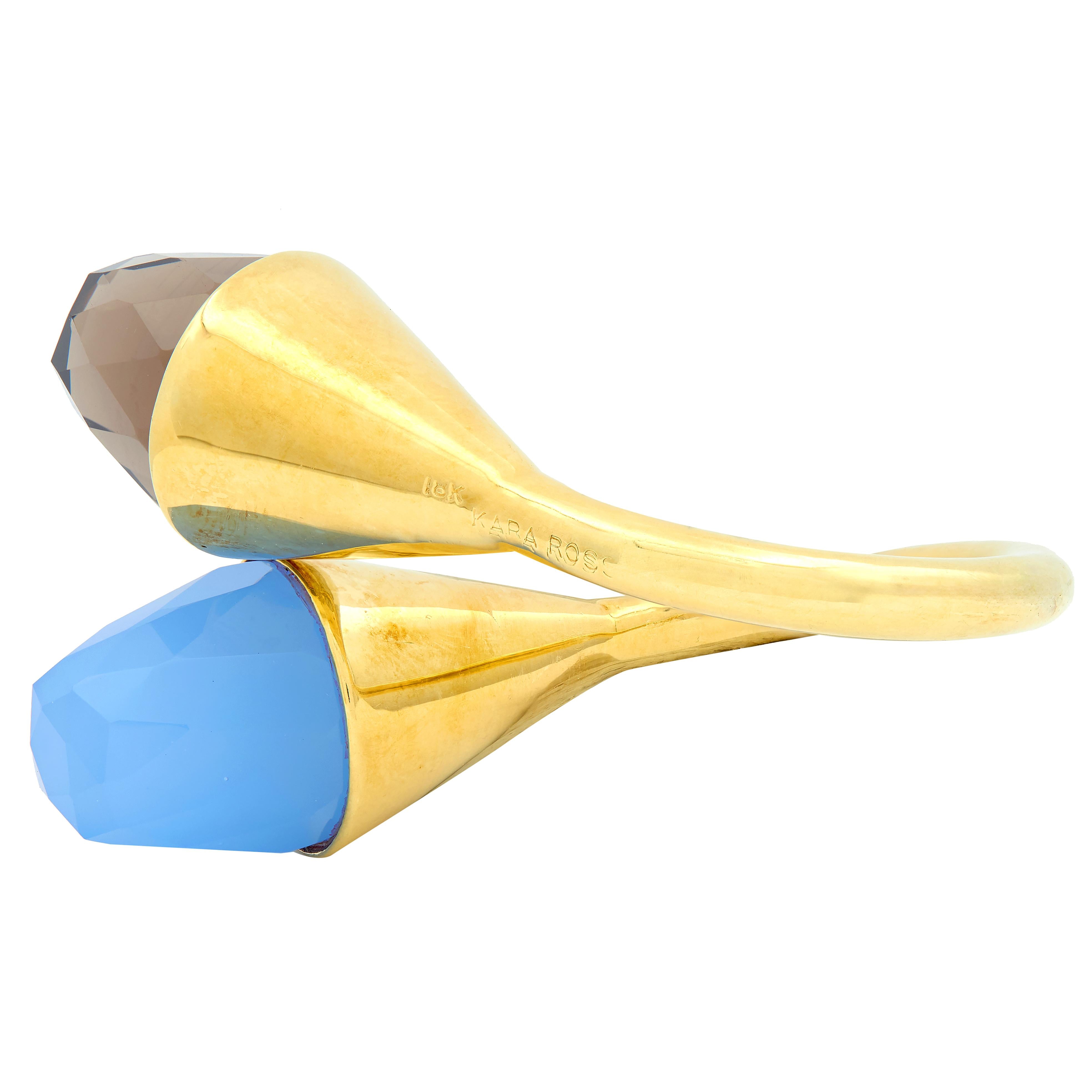 Contemporary Blue Chalcedony Smoky Quartz 18K Yellow Gold Bypass Ring