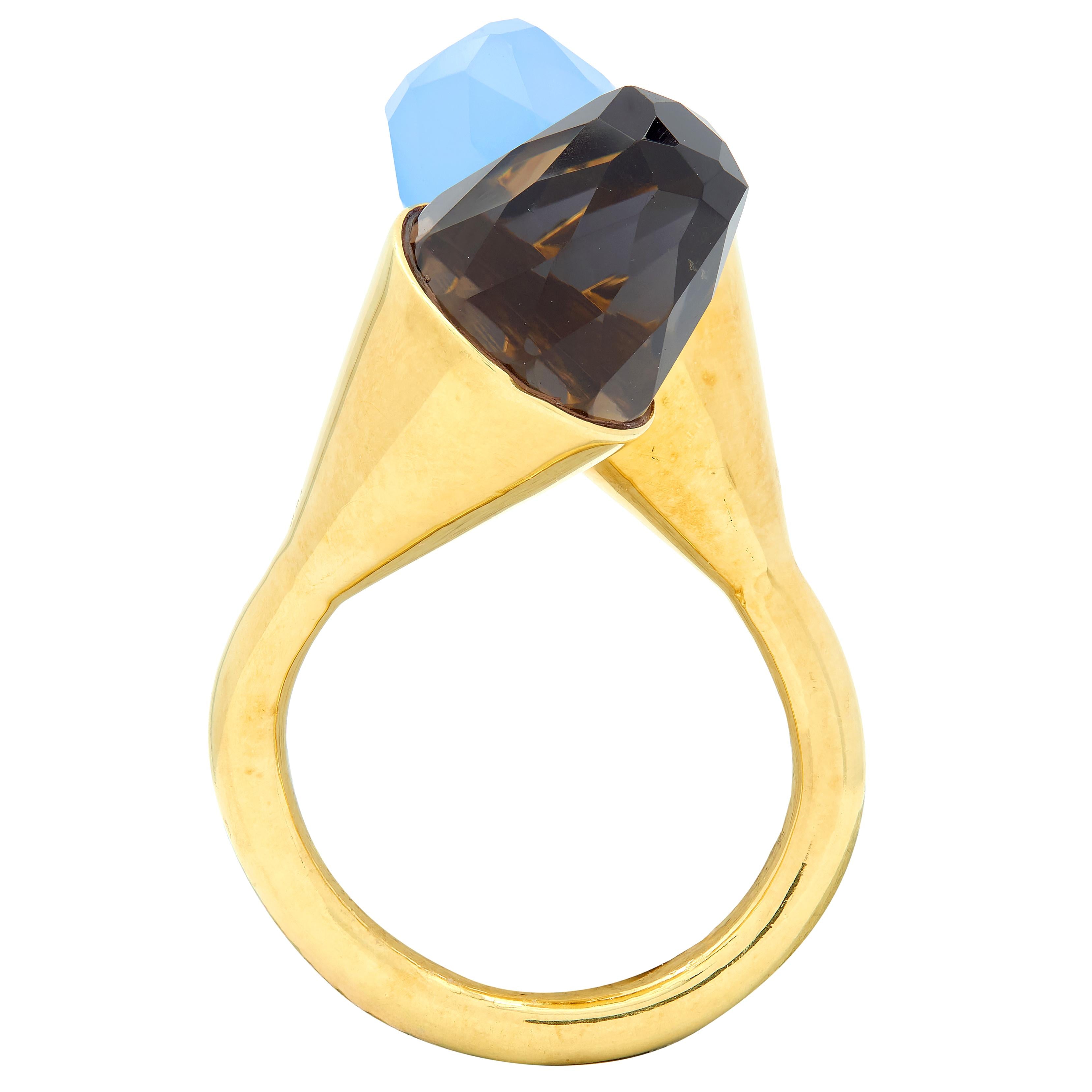 Contemporary Blue Chalcedony Smoky Quartz 18K Yellow Gold Bypass Ring