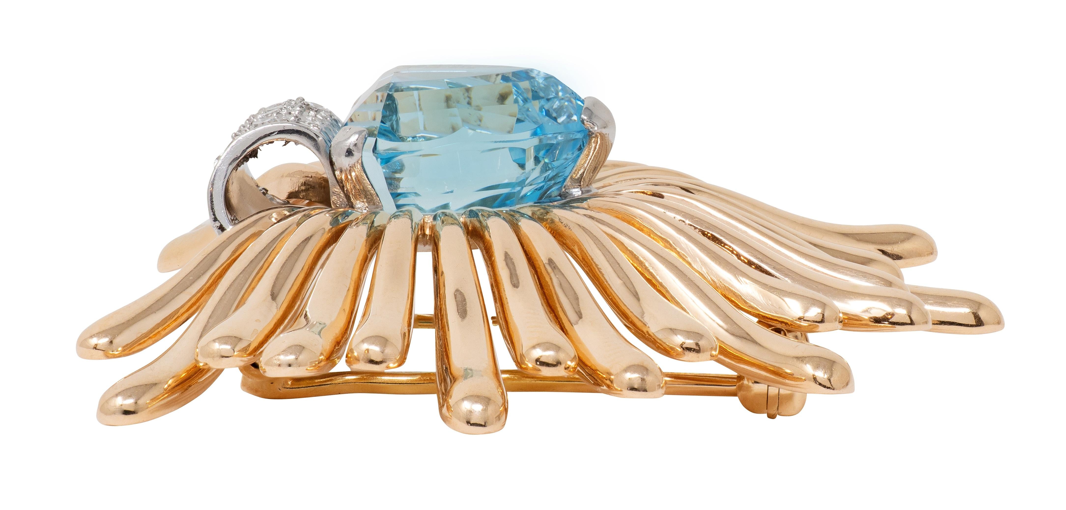 Retro 1940's Aquamarine Diamond Platinum 14K Yellow Gold Vintage Fanning Brooch