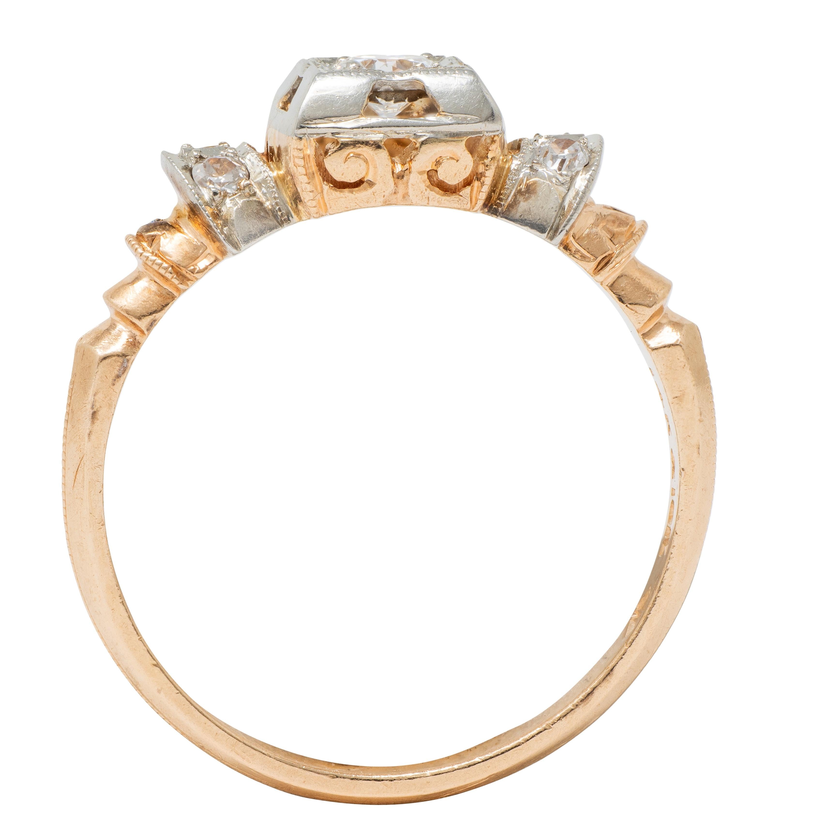 Retro 0.28 CTW Diamond 18 Karat Two-Tone Gold Fanning Vintage Engagement Ring