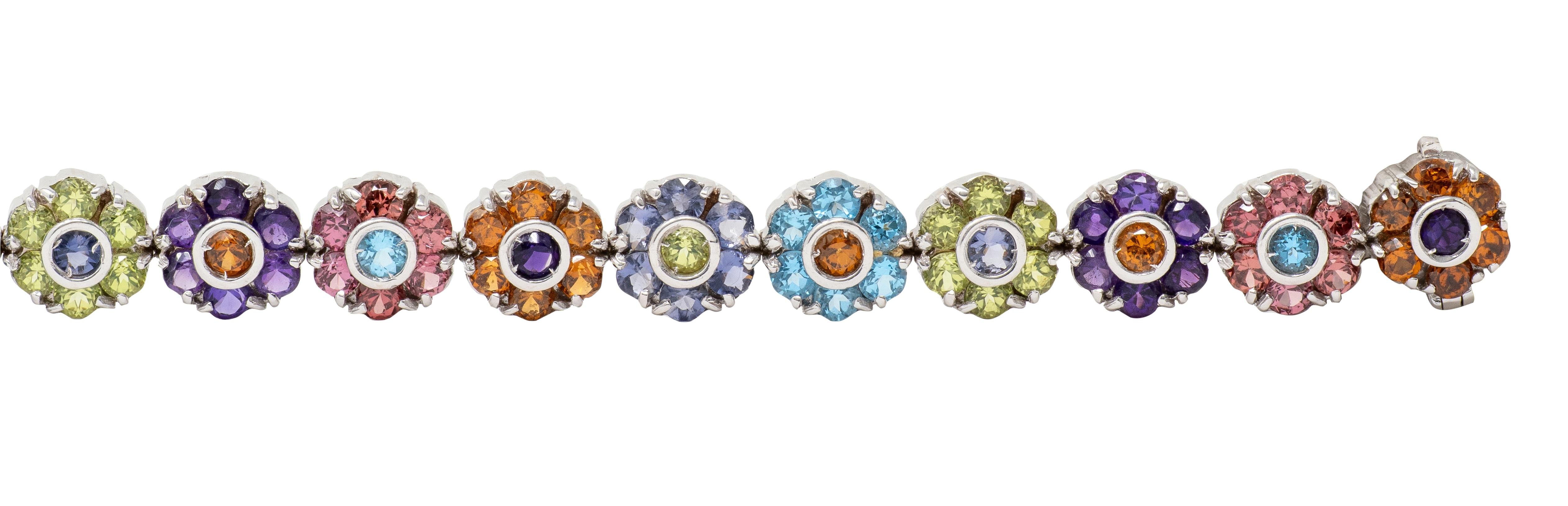 Contemporary Multi-Gem 18 Karat White Gold Floral Link Bracelet