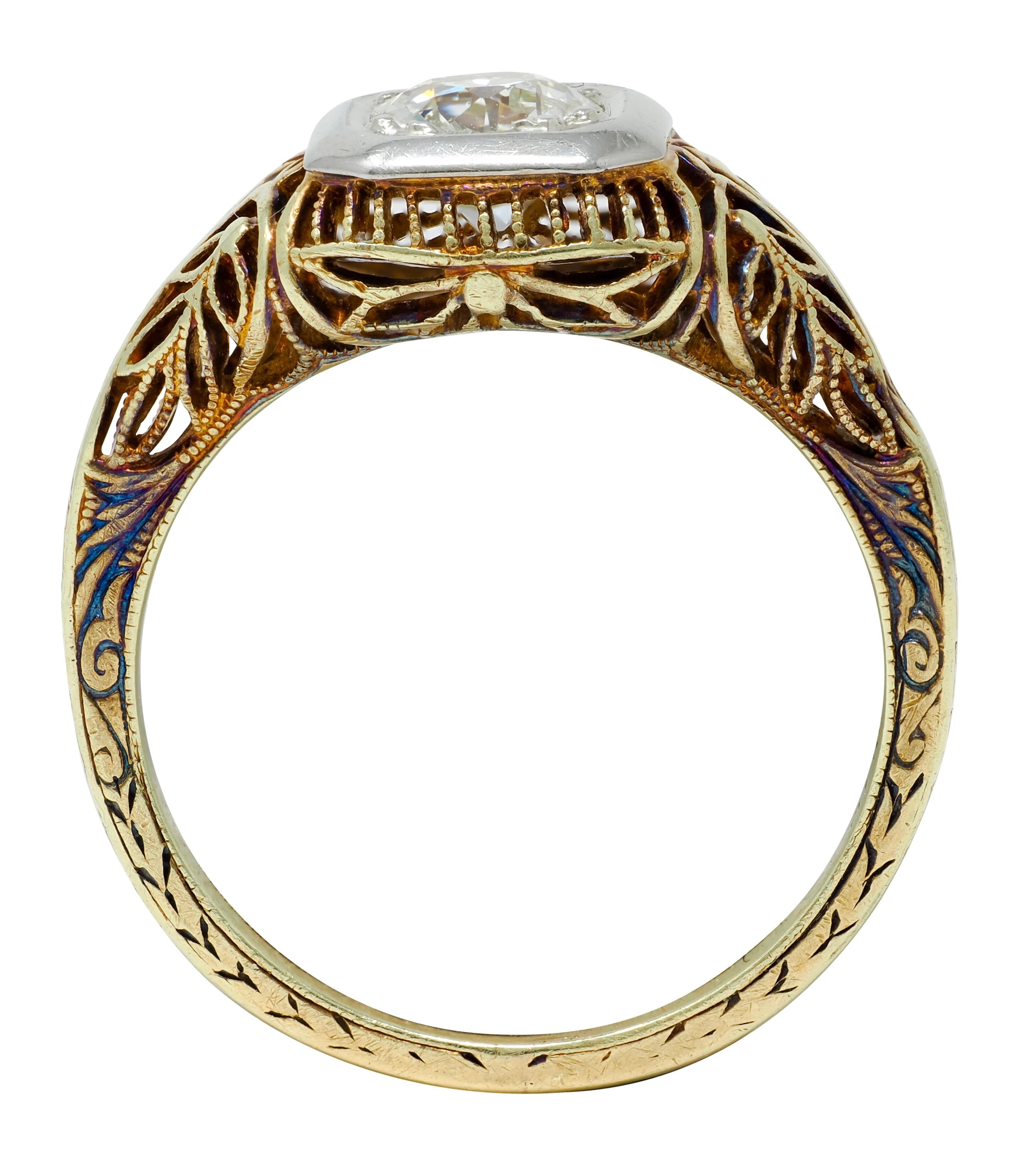 Edwardian Old European Cut Diamond 14 Karat Gold Foliate Engagement Ring