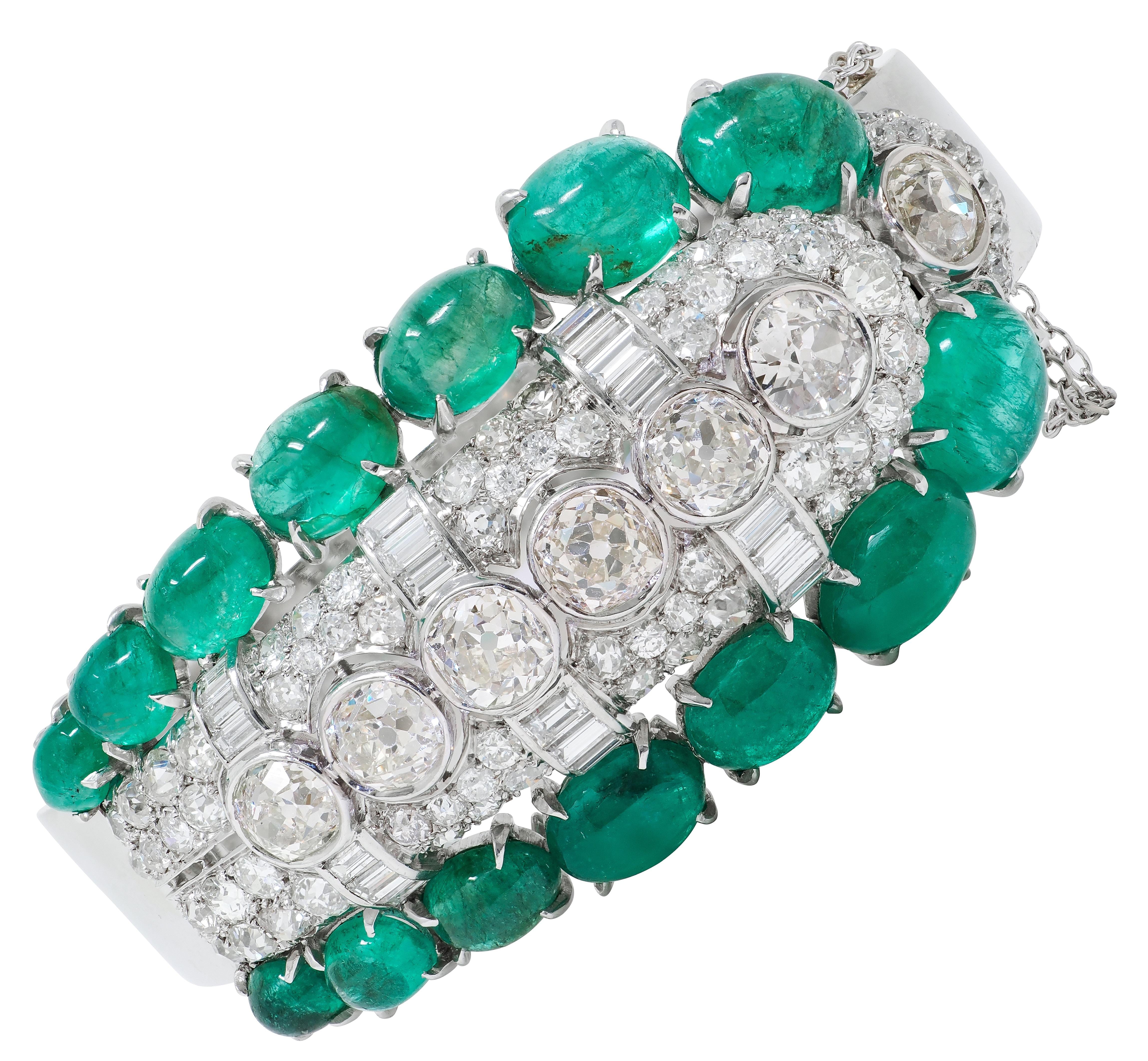 Art Deco 40.30 CTW Diamond Emerald Platinum 14K Gold Vintage Bangle Bracelet