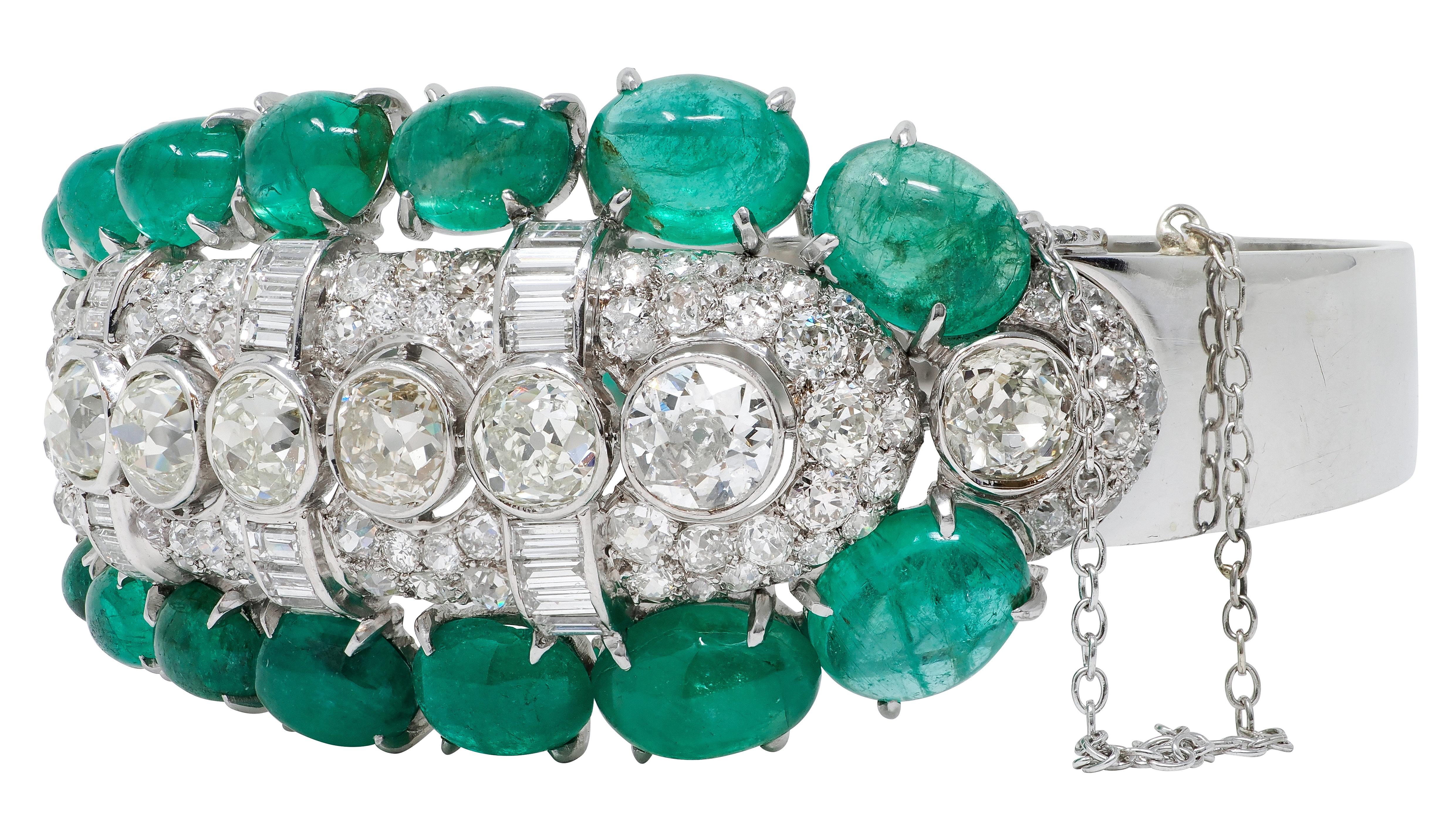 Art Deco 40.30 CTW Diamond Emerald Platinum 14K Gold Vintage Bangle Bracelet