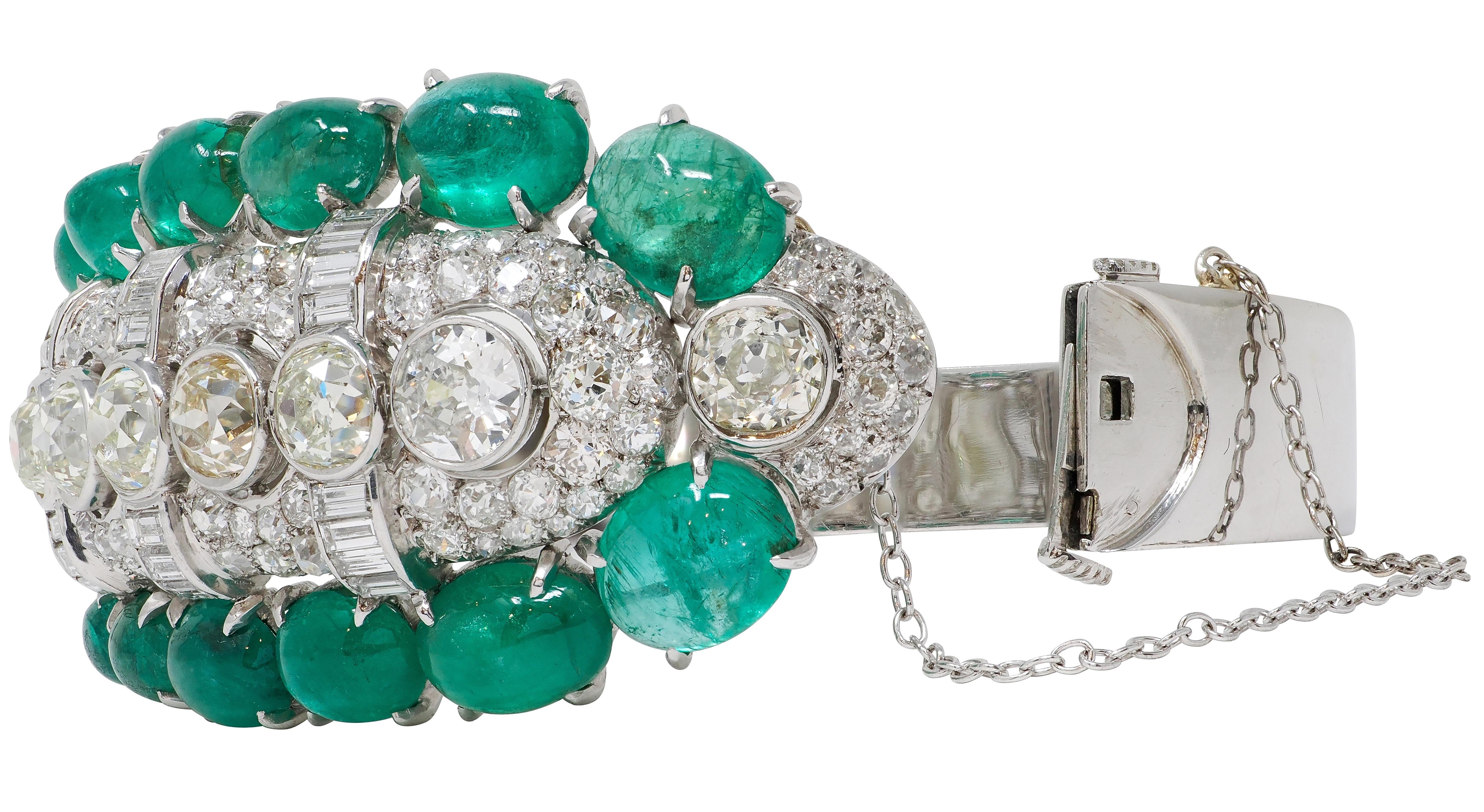 Art Deco 40.30 CTW Diamond Emerald Platinum 14K Gold Vintage Bangle Bracelet