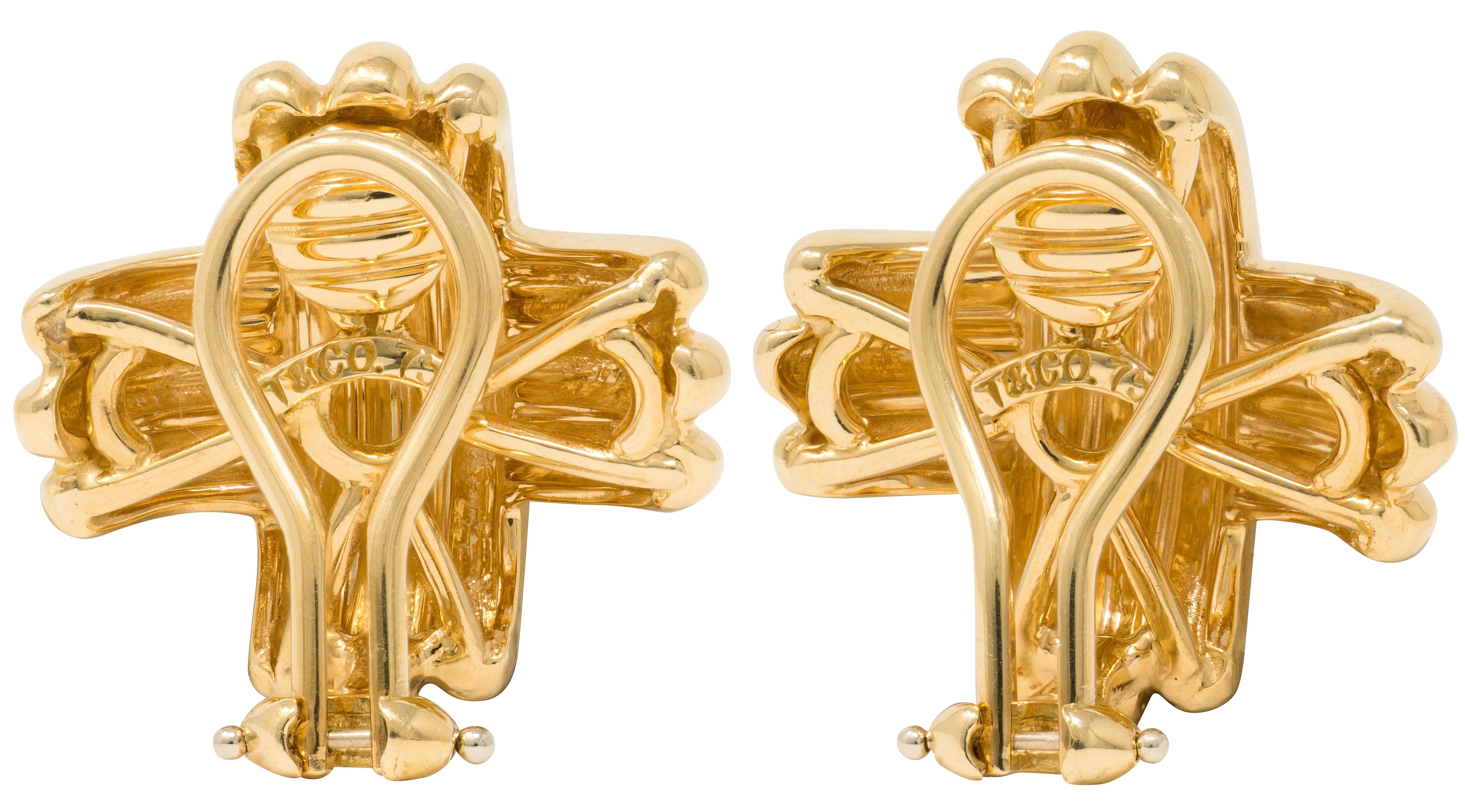 Tiffany & Co. 1990's 18K  Yellow Gold Fluted X Kiss Vintage Ear-Clip Earrings