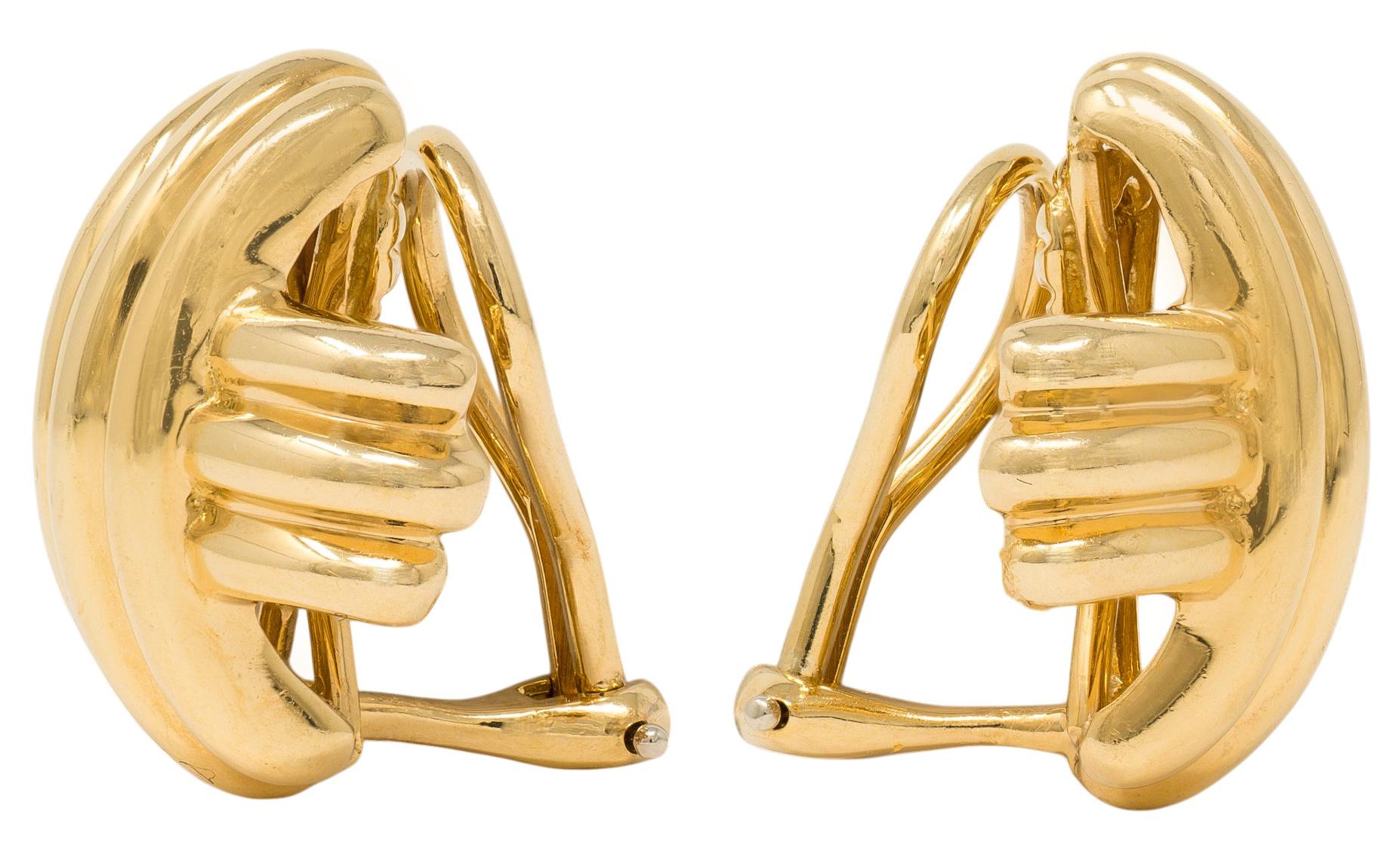 Tiffany & Co. 1990's 18K  Yellow Gold Fluted X Kiss Vintage Ear-Clip Earrings