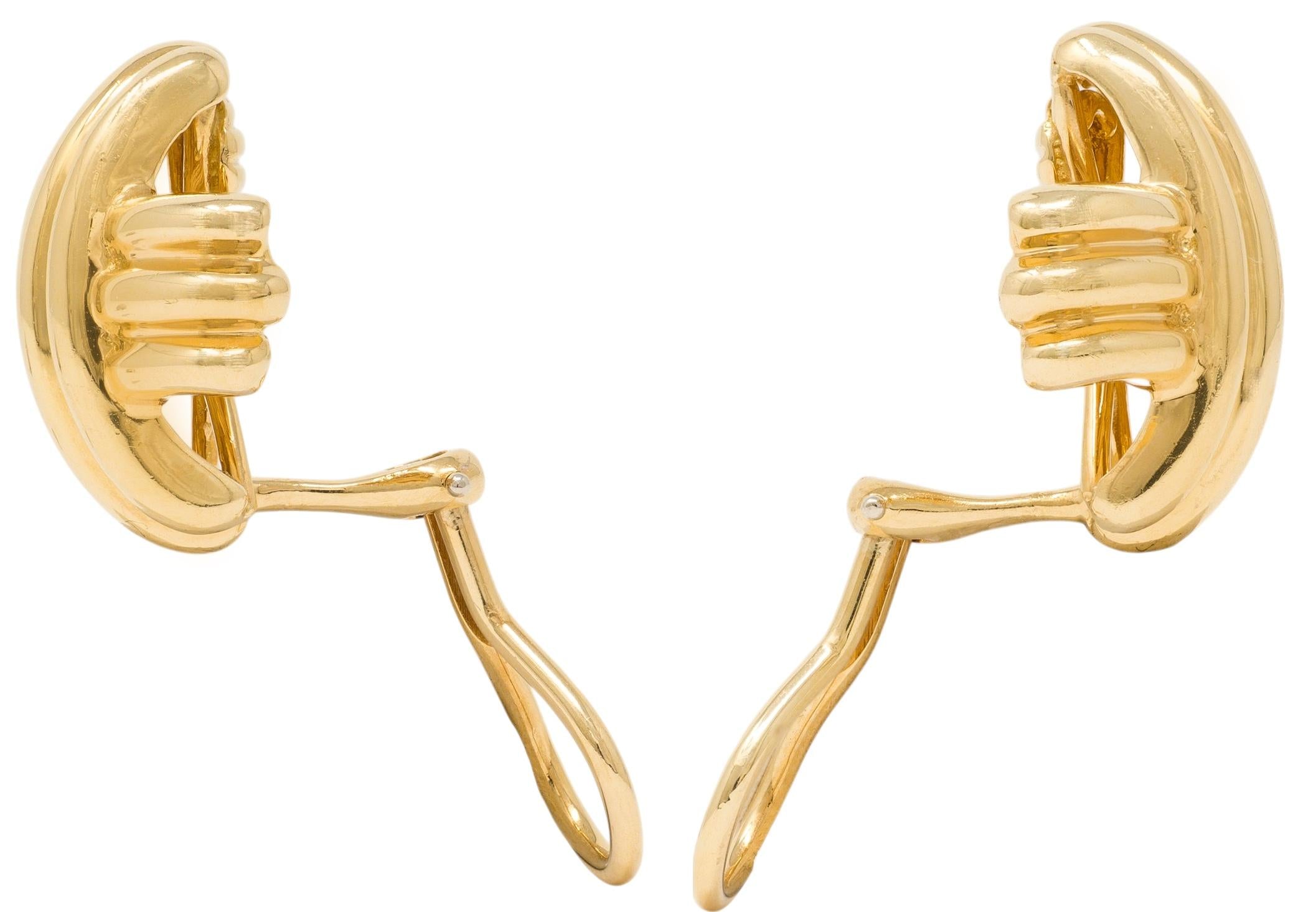 Tiffany & Co. 1990's 18K  Yellow Gold Fluted X Kiss Vintage Ear-Clip Earrings