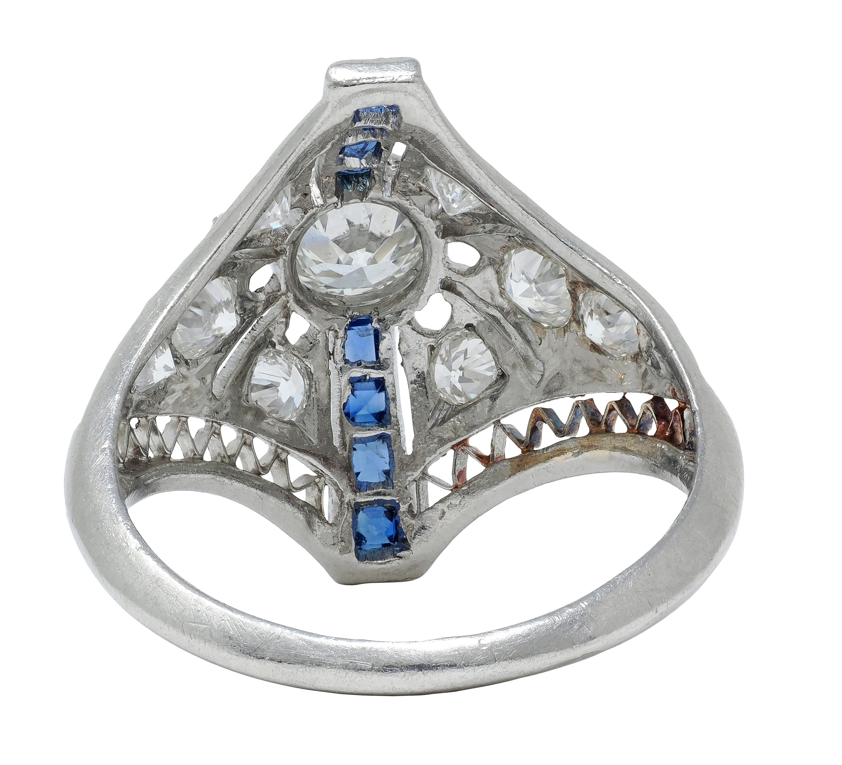Art Deco Sapphire Diamond Platinum Vintage Zig-Zag Navette Dinner Ring