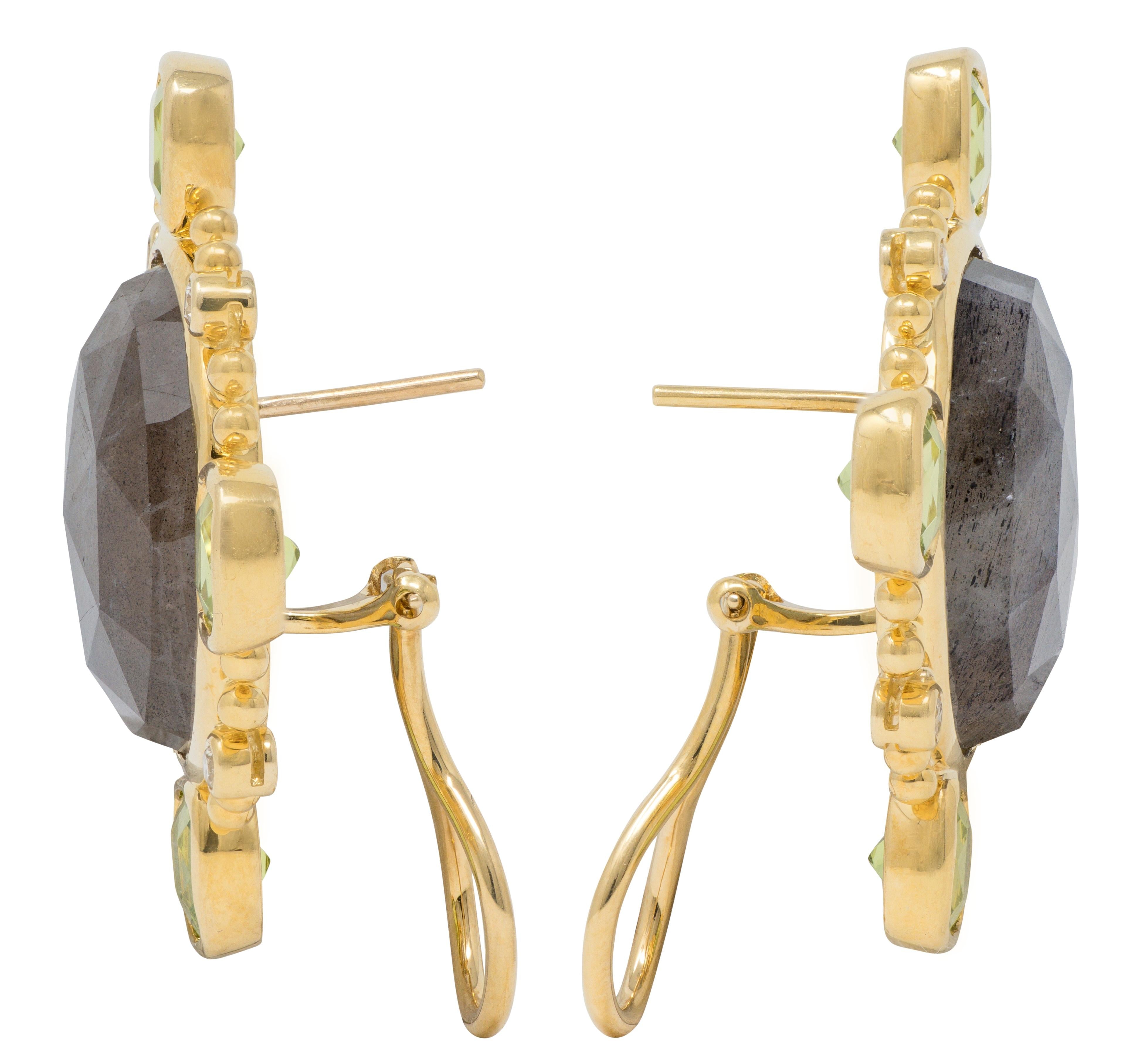 Contemporary Labadorite Peridot Diamond 18 Karat Yellow Gold Quatrefoil Earrings