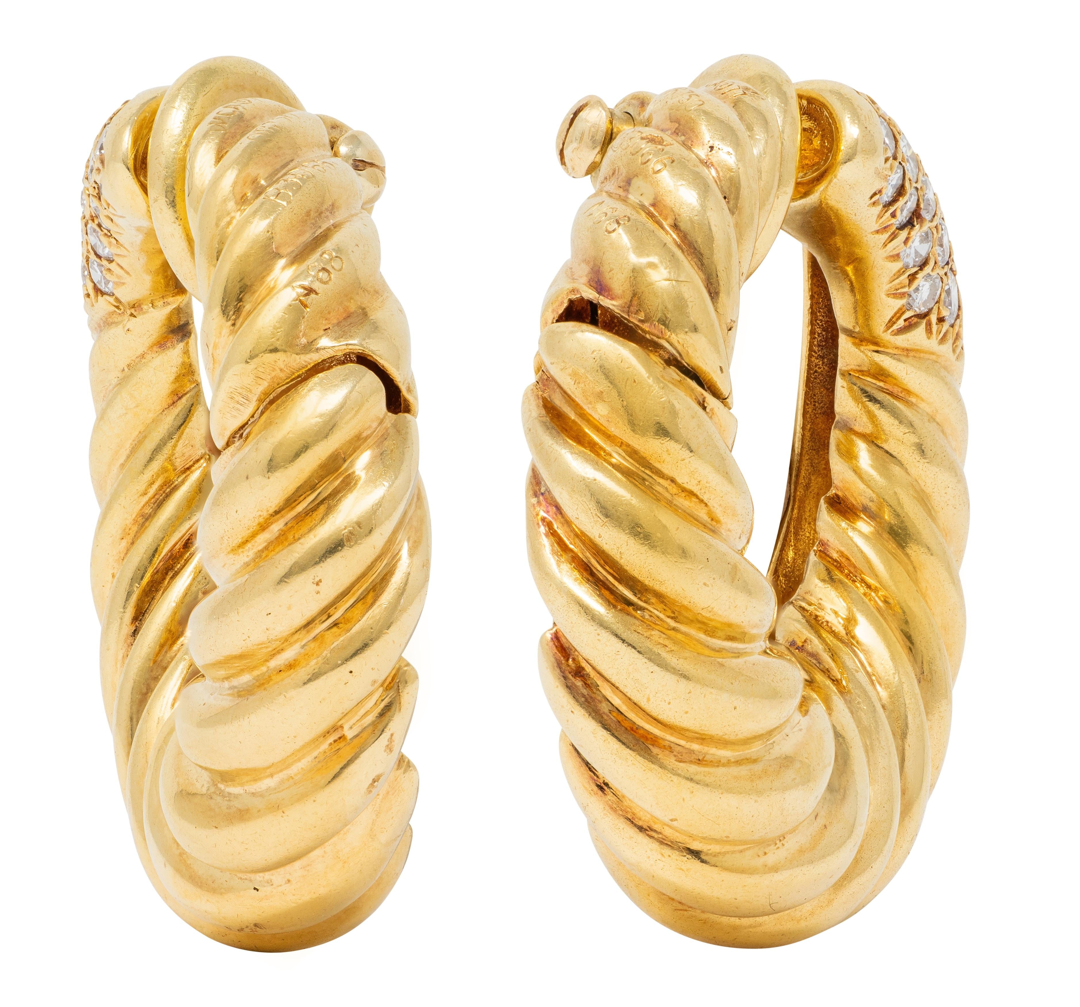 Van Cleef & Arpels 1977 French Diamond 18K Gold Twist Hoop Ear-Clip Earrings
