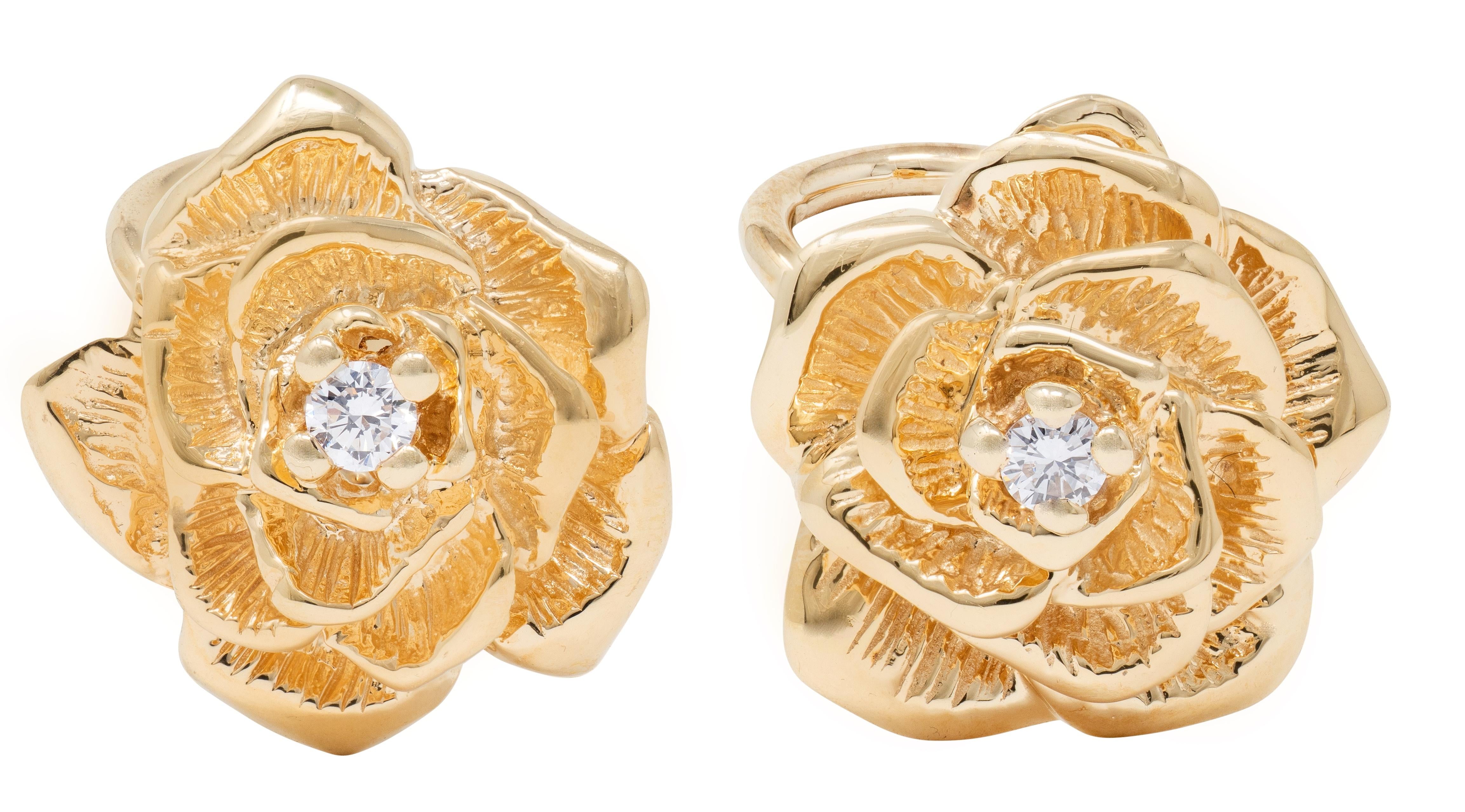 Tiffany & Co. 1990's Diamond 14 Karat Yellow Gold Vintage Rose Ear-Clip Earrings