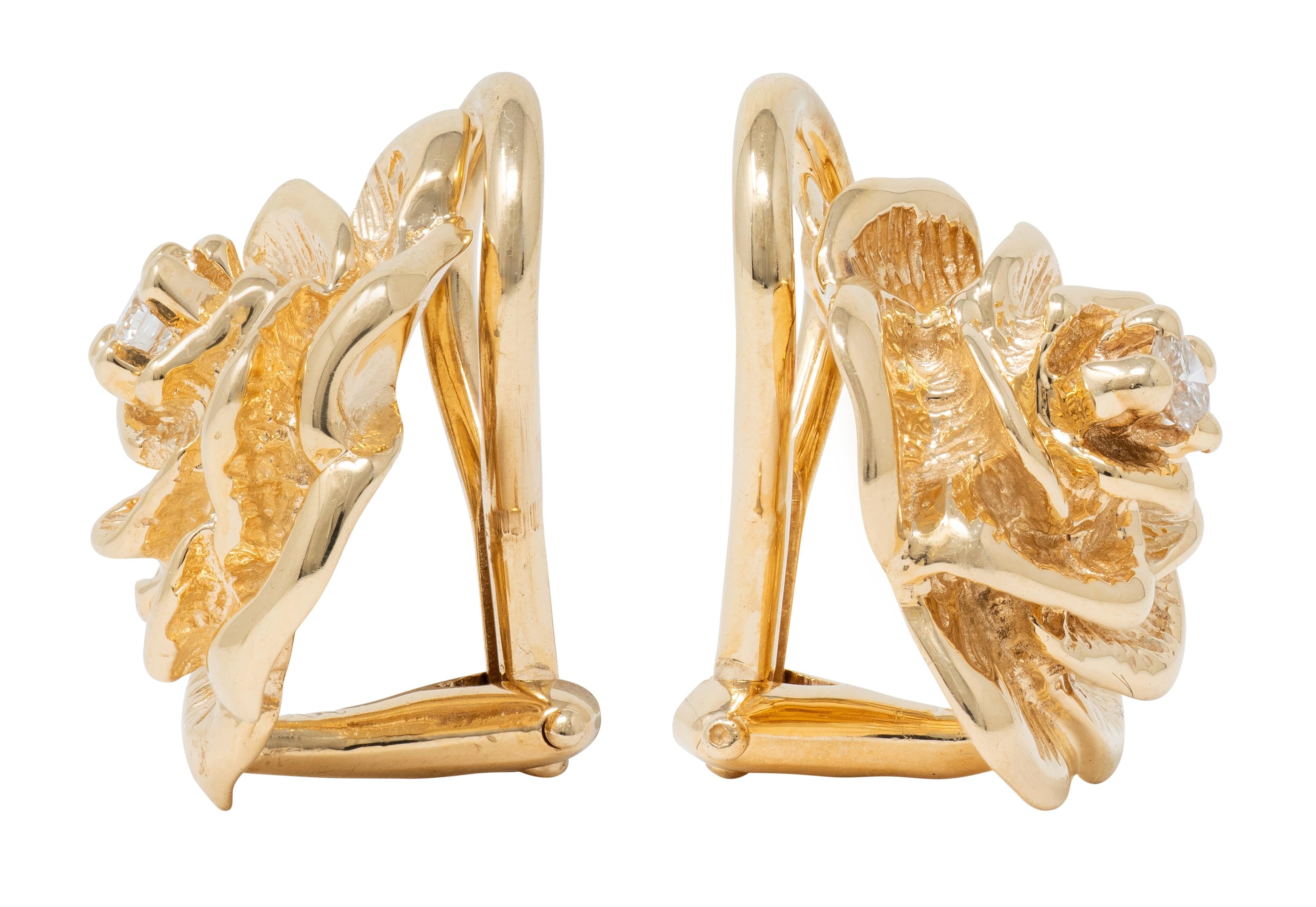 Tiffany & Co. 1990's Diamond 14 Karat Yellow Gold Vintage Rose Ear-Clip Earrings